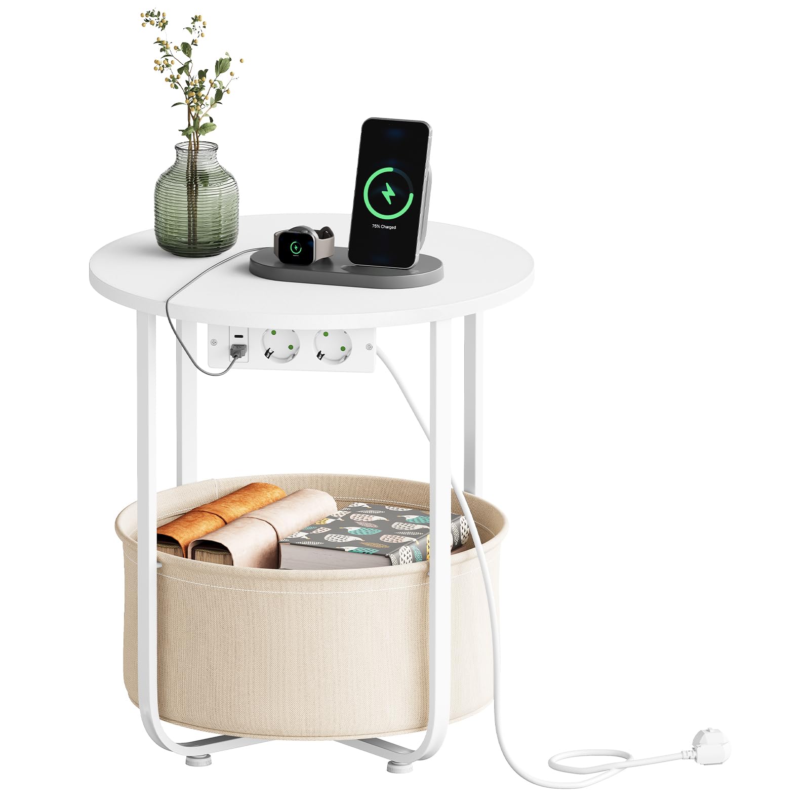 WOLTU Couchtisch rund, Kleiner Beistelltisch mit Steckdose, Abnehmbarer Korb aus Stoff, Metallrahmen, für Wohnzimmer Schlafzimmer, Ø45×H50 cm, Weiß + Beige