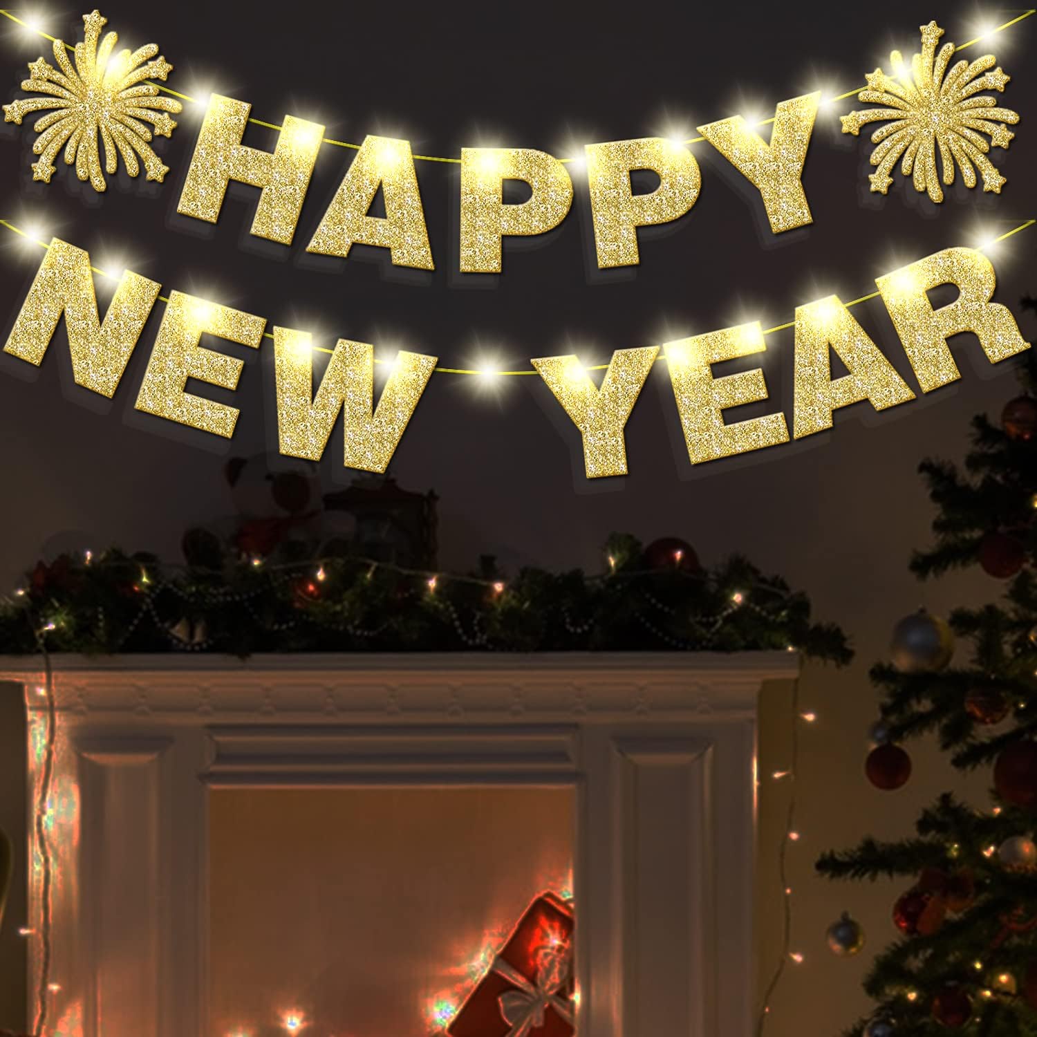 Amazon.com: Light Up Happy New Year Banner Gold Glitter for New Years ...