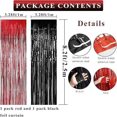 Miniatura 3 de Decoraciones de fiesta temática de casino, cortinas de flecos de aluminio negro y rojo, 2 piezas de 3.28 pies x 8.2 pies, serpentinas de puerta de