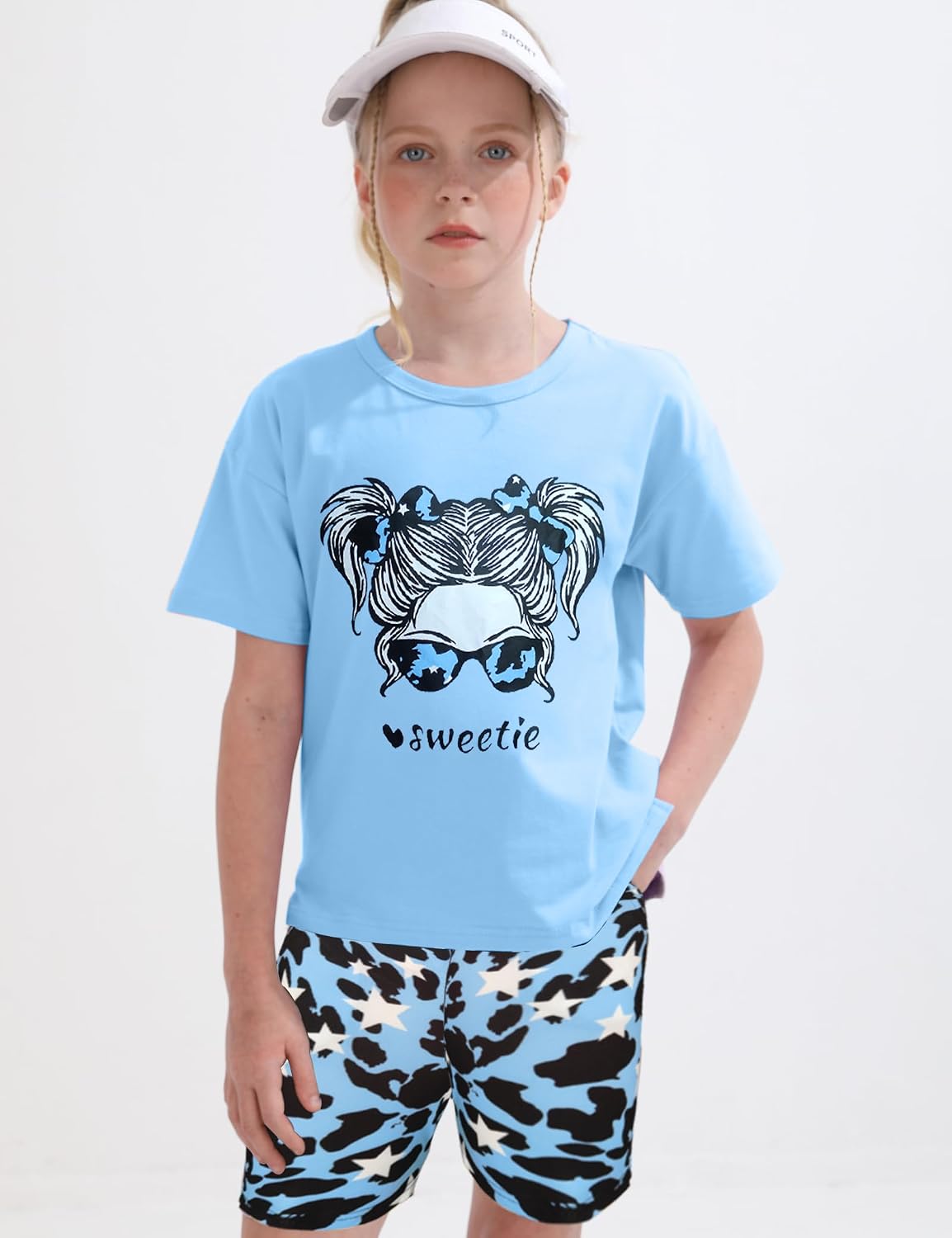 mksodopy Girls Summer Clothse Graphic Print Front and Back High and Low Irregular T-shirt Cycling Shorts Set