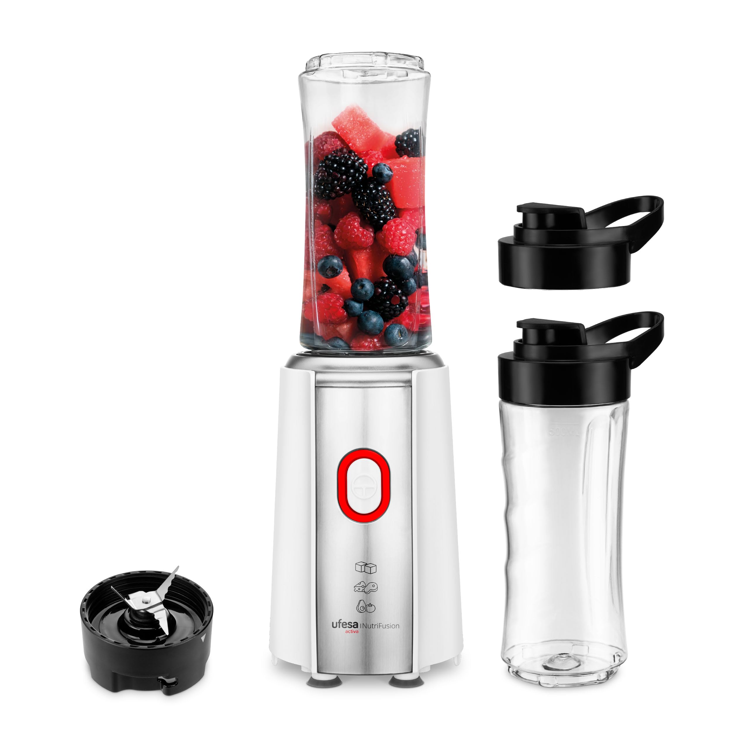 Ufesa Nutrifusion Tragbarer Personal Blender mit 500 W Leistung, 4 Edelstahlklingen, geeignet zum Zerkleinern von Eis, 2 tragbare 500-ml-Flaschen, einfache Reinigung