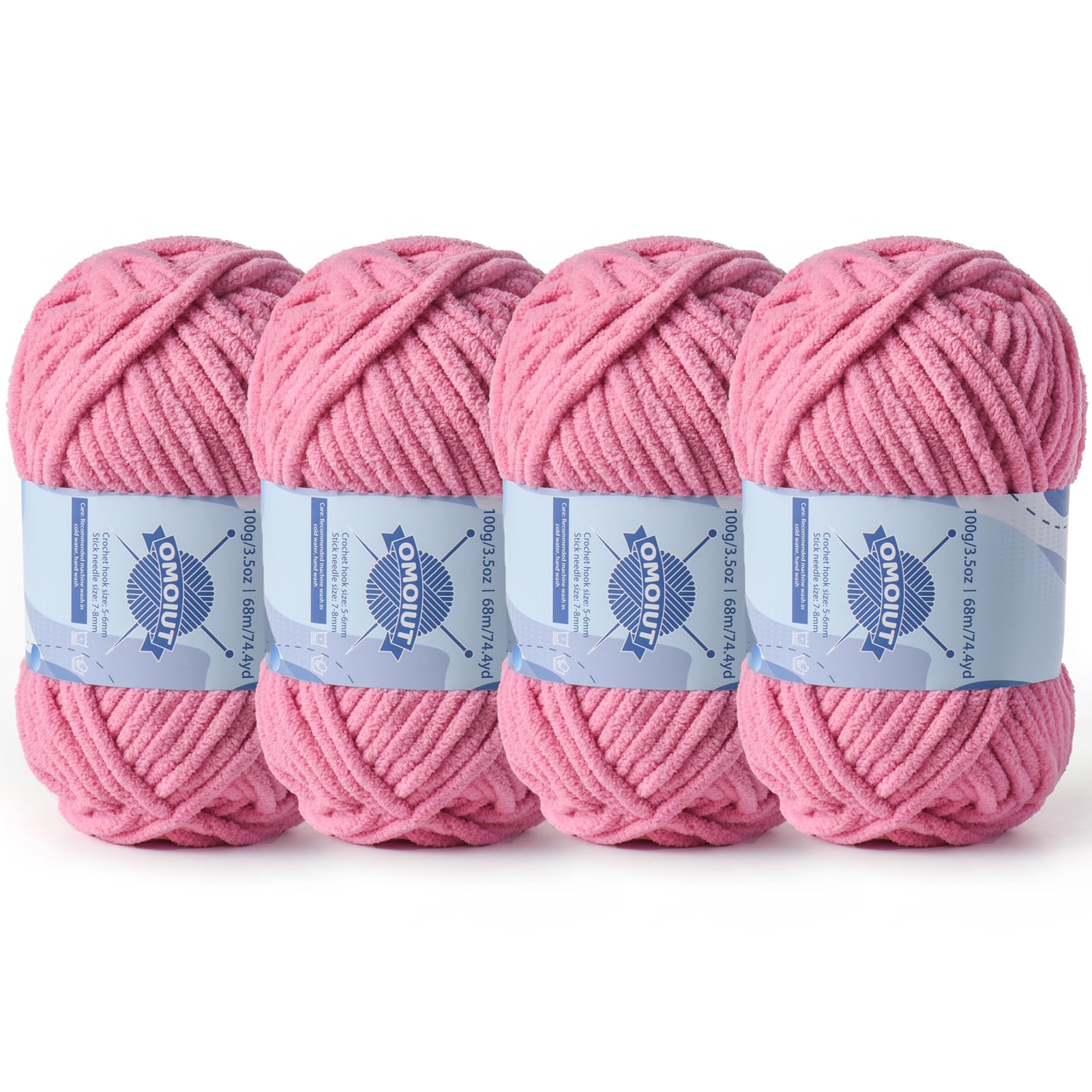 4 Pack Chunky Chenille Yarn for Crocheting, Baby Yarn for Crocheting Soft Blankets, Bulky Yarns for Crochet Amigurumi, 400g (297yds) Fluffy Velvet Yarns for Hand Knitting (4 Deep Pink)