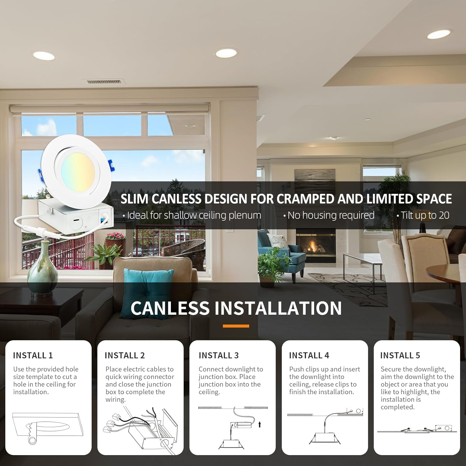 mw 3 Inch LED Gimbal Downlight Rotatable, LED Gimbal Recessed Lights with Junction Box,5 CCT(2700K-5000K) Selectable,CRI 90+,6W Eqv.35W, IC Rated, ETL, California JA8 Certified, Cutout Size: 3.94"