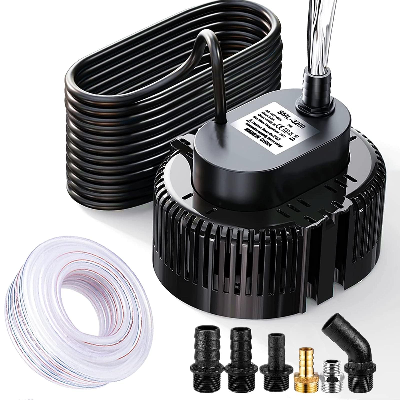 Pool Cover Pump (850 GPH) - Submersible Electric Utility Water Pumpswith 16 Foot Drainage Hose and 25 Feet Power Cord, 6 Adapters-Black