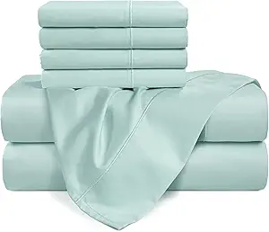 Casa Platino 100% Egyptian Cotton Sheets Queen Size Set - 6 Pcs (1 Flat, 1 Fitted, 4 Pillowcases) - Ultra Smooth Sateen Weave Bed Sheets Set with 15" Deep Pockets - Blue Sky