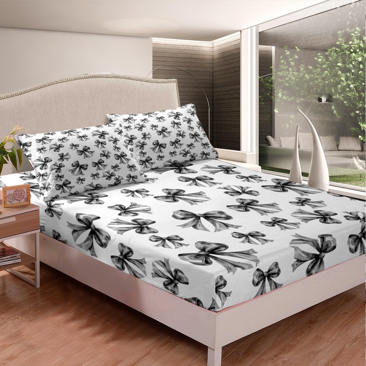 Erosebridal Black Bowknot Fitted Sheet Twin Size, Kawaii Girly Ribbon Microfiber Bed Sheets for Kids Girls Lady, Cute Bow Tie Print Bed Cover for Bedroom, Dots Princess Dreamy Bedroom Accessories image 3
