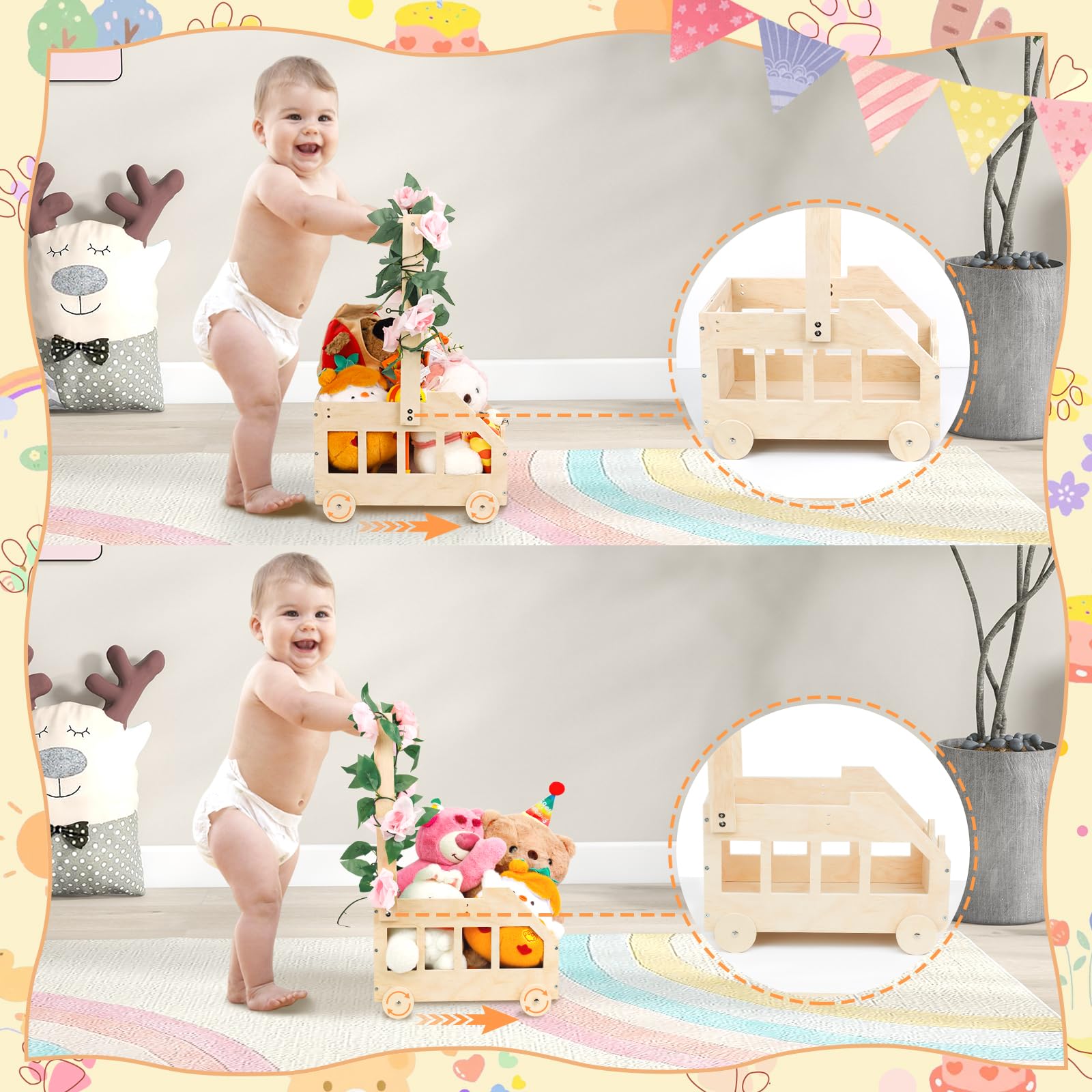 Wooden Baby Basket Cesto Baby Shower con Manico Cestino in Legno per Baby Shower con Ruote Cesta Giochi Bambini in Legno Cesto Portagiochi Bambini con Tag e Appendiabiti Cesto Nascita Bimba