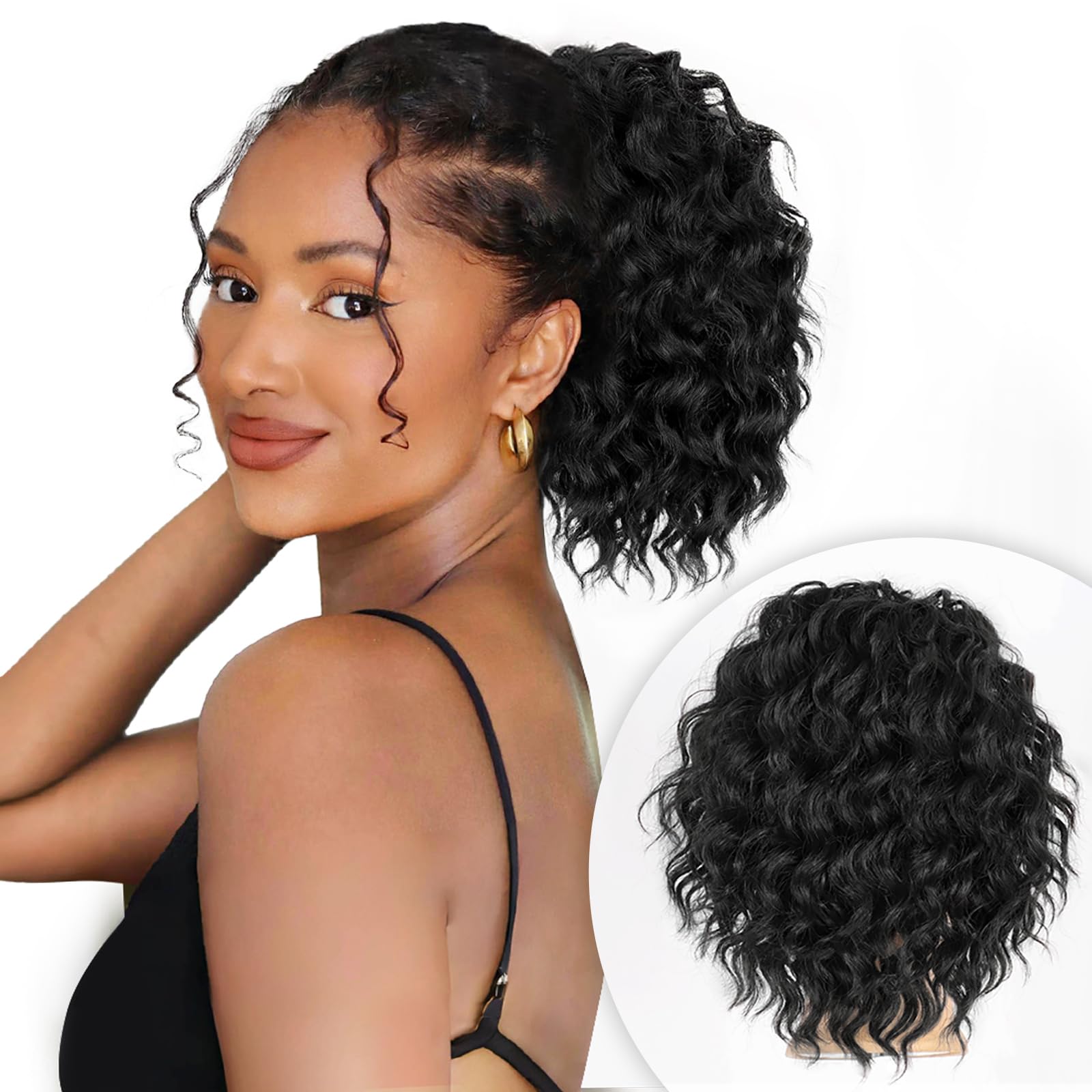 ALXNAN Wavy Curly Ponytail Extension, 8" Black Drawstring Ponytail for Black Women Short Soft Natural Synthetic Hairpiece Thick For Daily Use