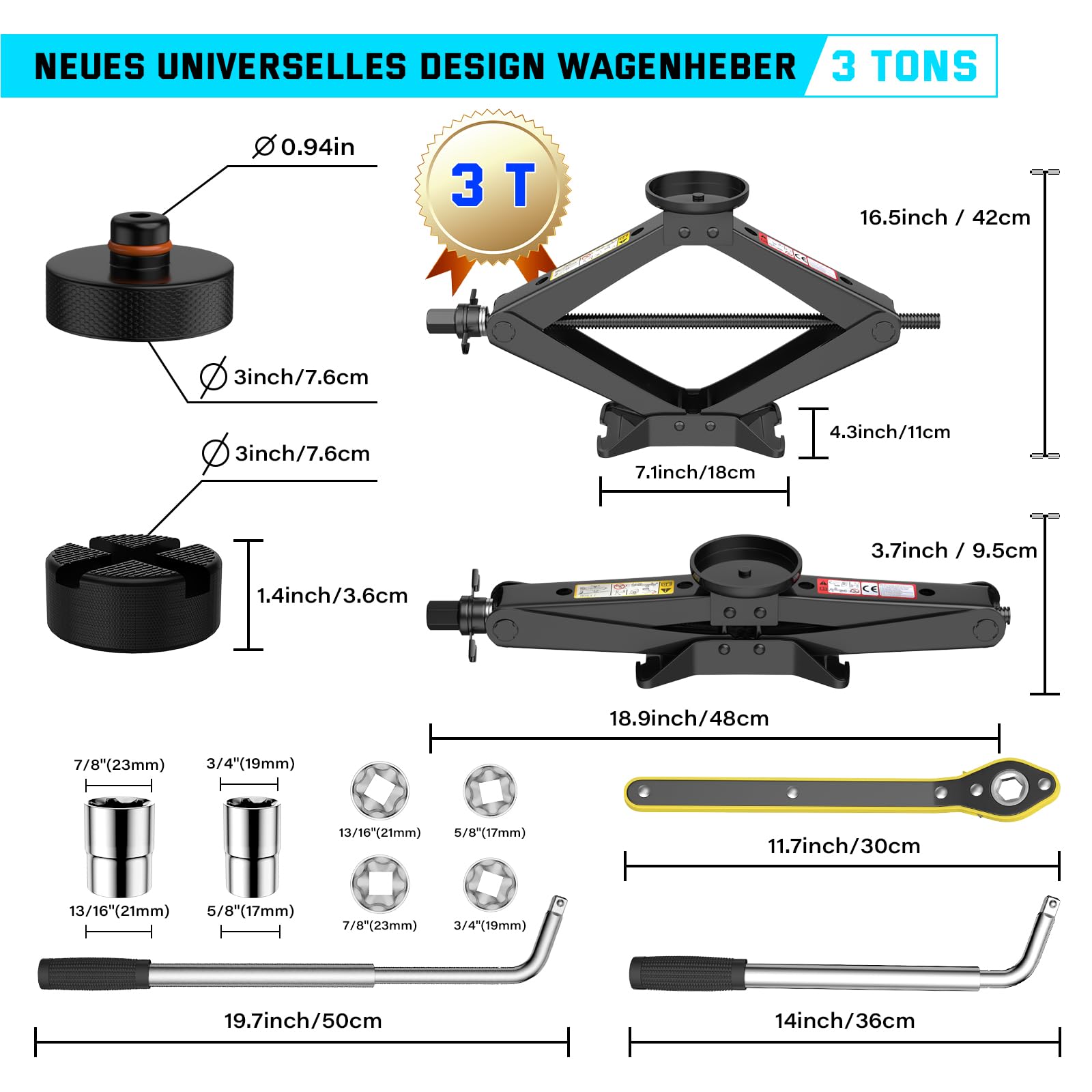 IMAYCC Nuevo Gato para Coche3T/3000kg, Kit de Gato Coche Universal con 2 Piezas Bloque de Goma, Portátil Kit de Emergencia con Llave de Tuercas de Rueda para SUV MPV Tesla