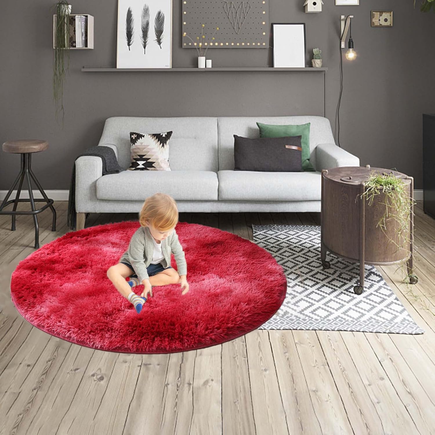 Red Fluffy Round Rug Ultra Soft Faux Fur Round Rugs for