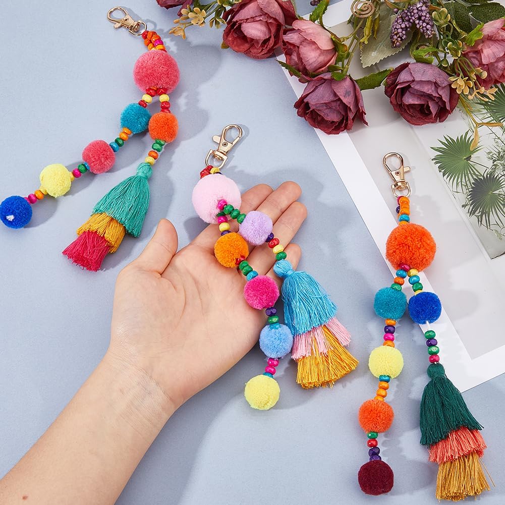 SUPERFINDINGS 3Pcs Colorful Keychains Boho Pom Pom Tassel Bag Decorations Charm Wristlet Bracelet Keyring Cute Pom Pom Tassel Boho Bag Charm Pendant for Women Purse Handbag Decor