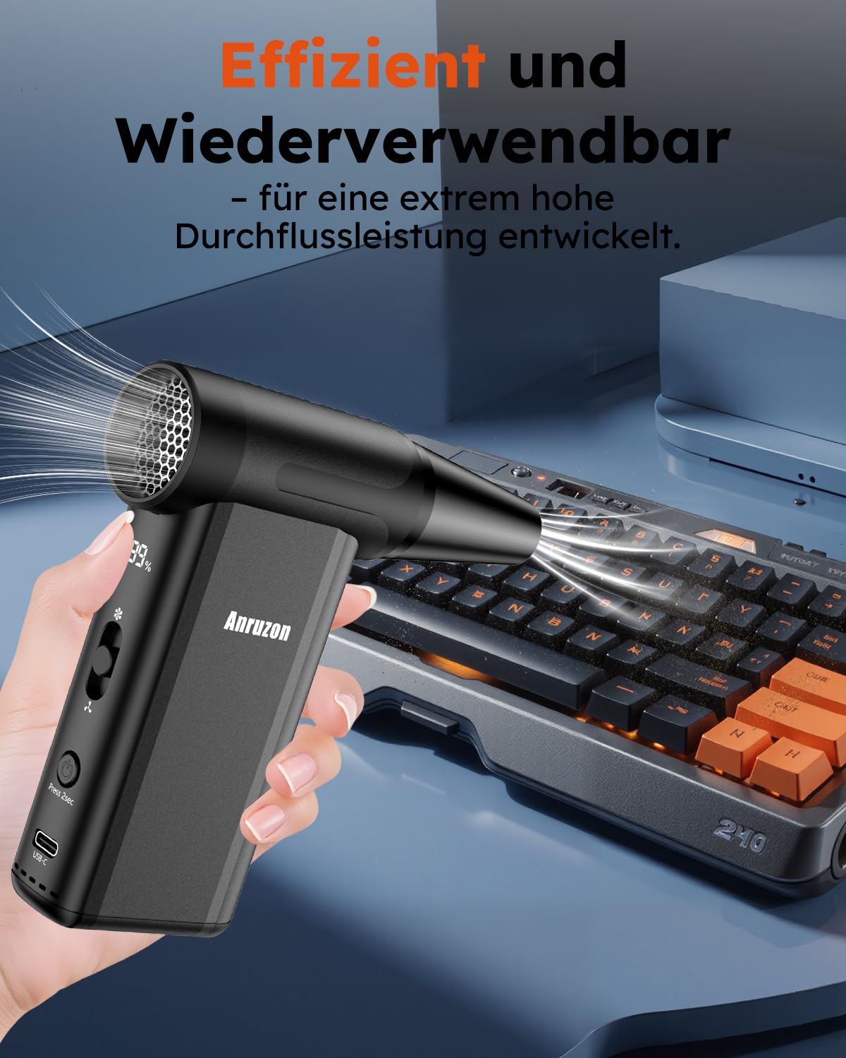 Elektrische Staubgebläse Druckluftspray für PC Reinigungsset, 300000 RPM Compressed Air Duster, 8-Gang Air Duster Luftdruckspray mit 7600mah Akku, Tastatur Reinigung für PC, Elektronik, Sofa, Auto