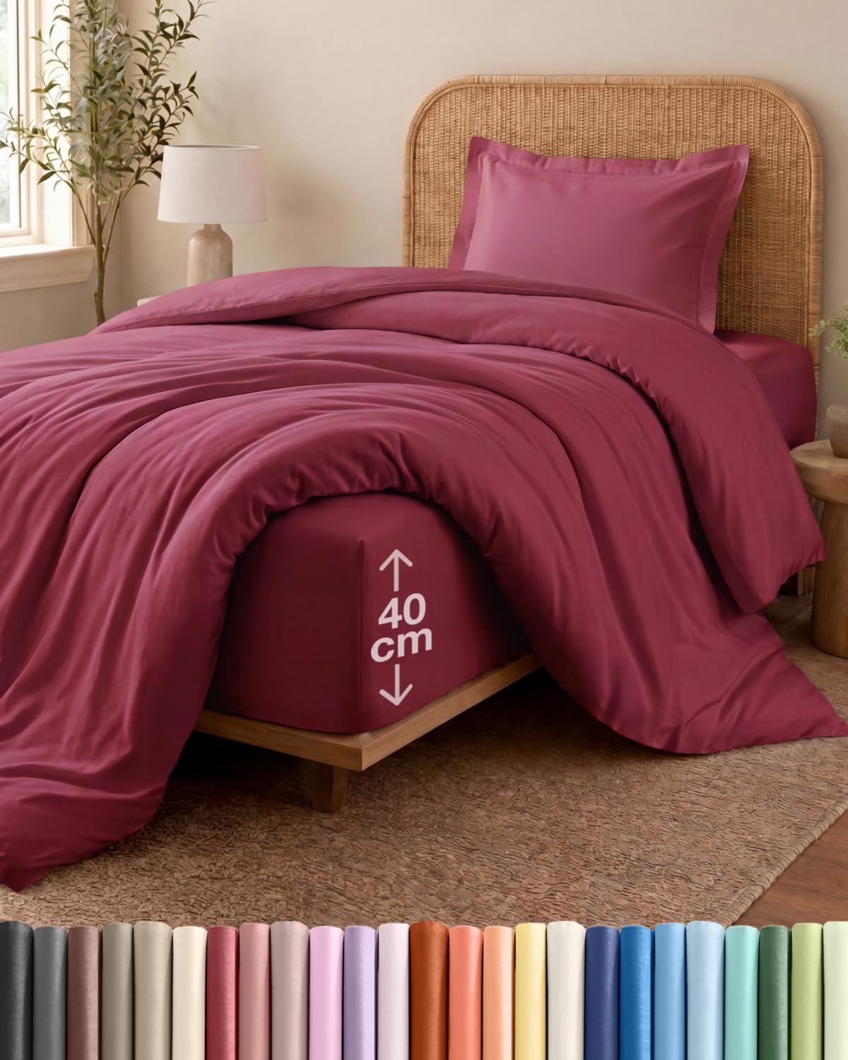 3 Piece Single Bed Burgundy Duvet Cover Set - Duvet Cover & Fitted Sheet, 1 Pillowcase - 135x200cm + 90x190cm 40cm / 16" - Brushed Microfibre - Soft, Wrinkle & Fade Resistant - OEKO-TEX Certified