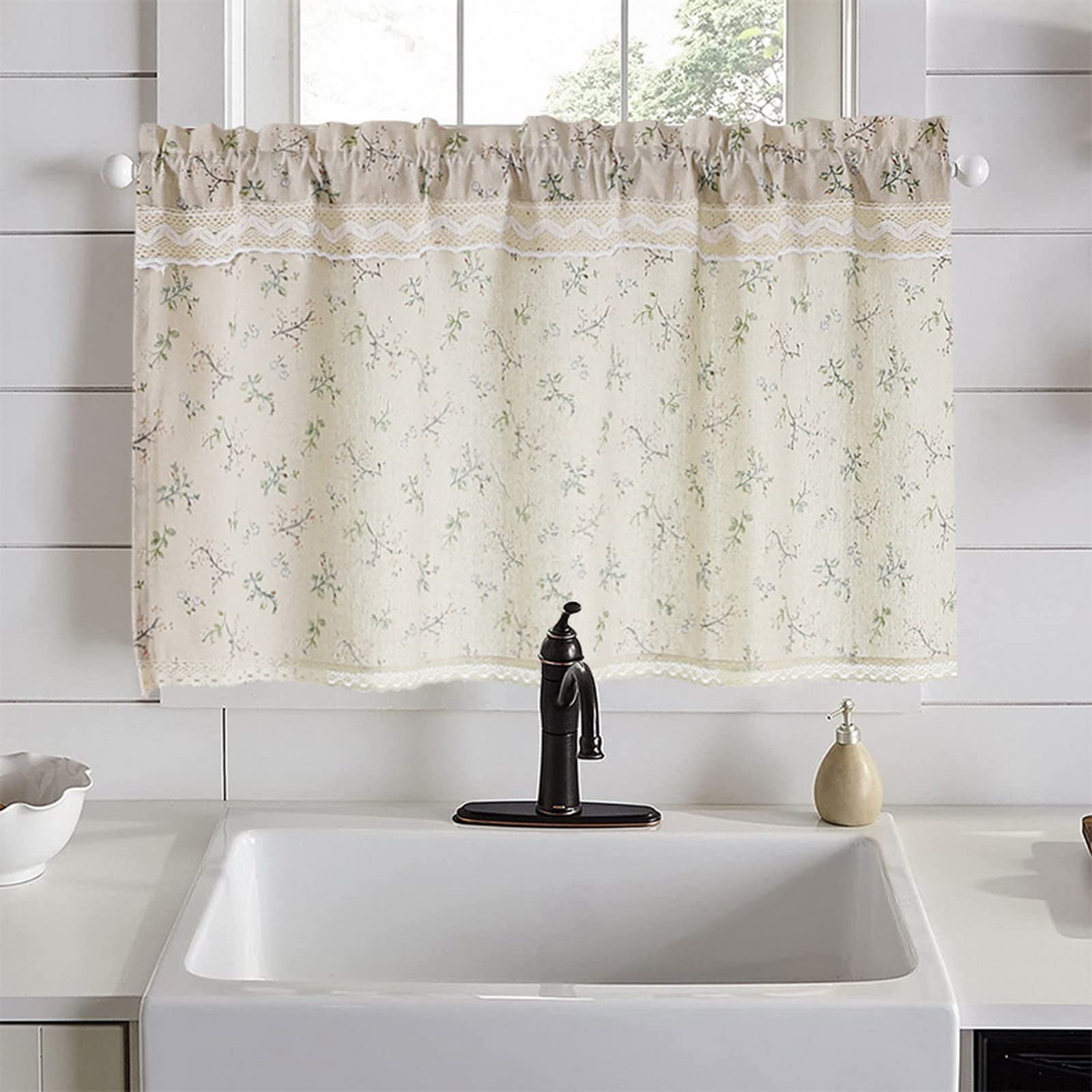 Tenda Cucina Rustica Beige - Mezza Tenda In Cotone E Lino Floreale Per Finestre Piccole - Foto 5
