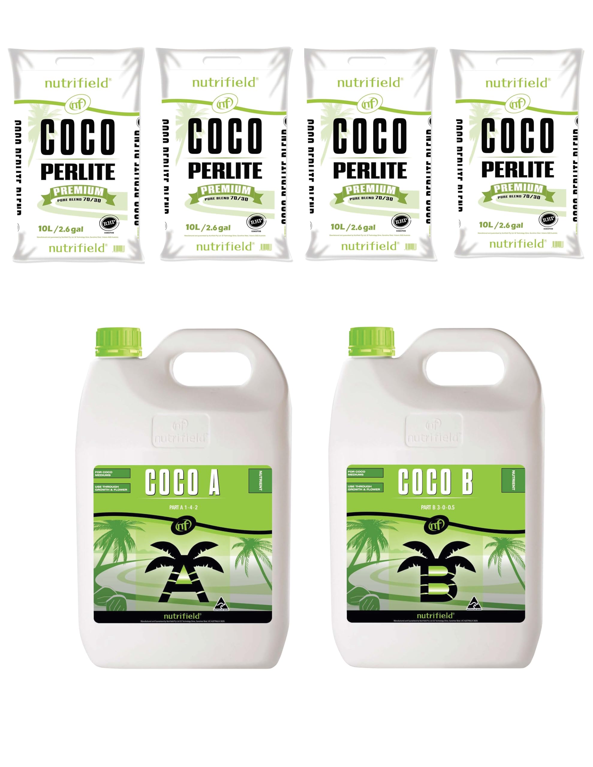Nutrifield 4 Bags Coco Coir Perlite 70/30 Plus Coco Part A 5 Liter and Coco Part B 5 Liter Bundle Deal