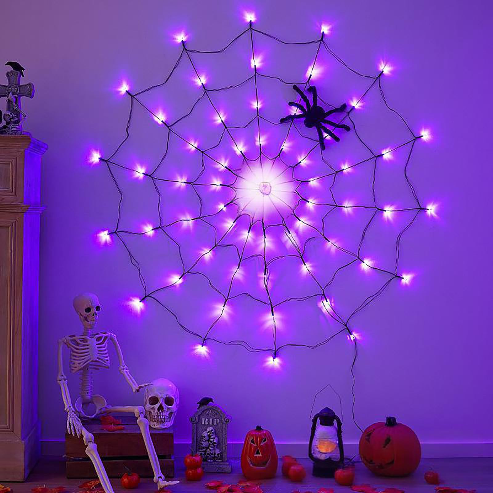 Luces de telaraña de Halloween, 4 pies de diámetro, 70 luces LED, luces de red redondas impermeables con araña simulada para decoración de fiestas, patio, interiores y exteriores (batería