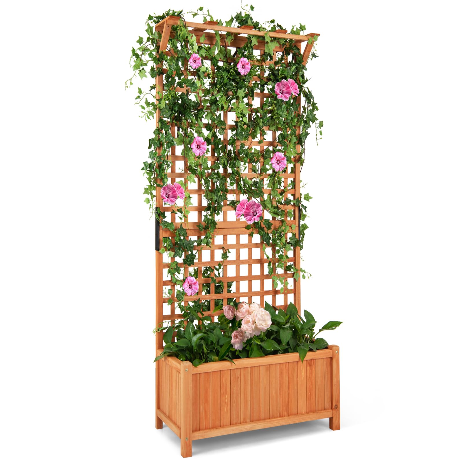 HOMASIS Hochbeet mit Rankgitter & Dach, Blumenkasten mit Spalier & Drainagelöchern, Pflanzkasten Holz, Pflanzkübel Rankkasten Gartenspalier für Balkon, Garten, Terrasse, Orange (75x33x181cm)