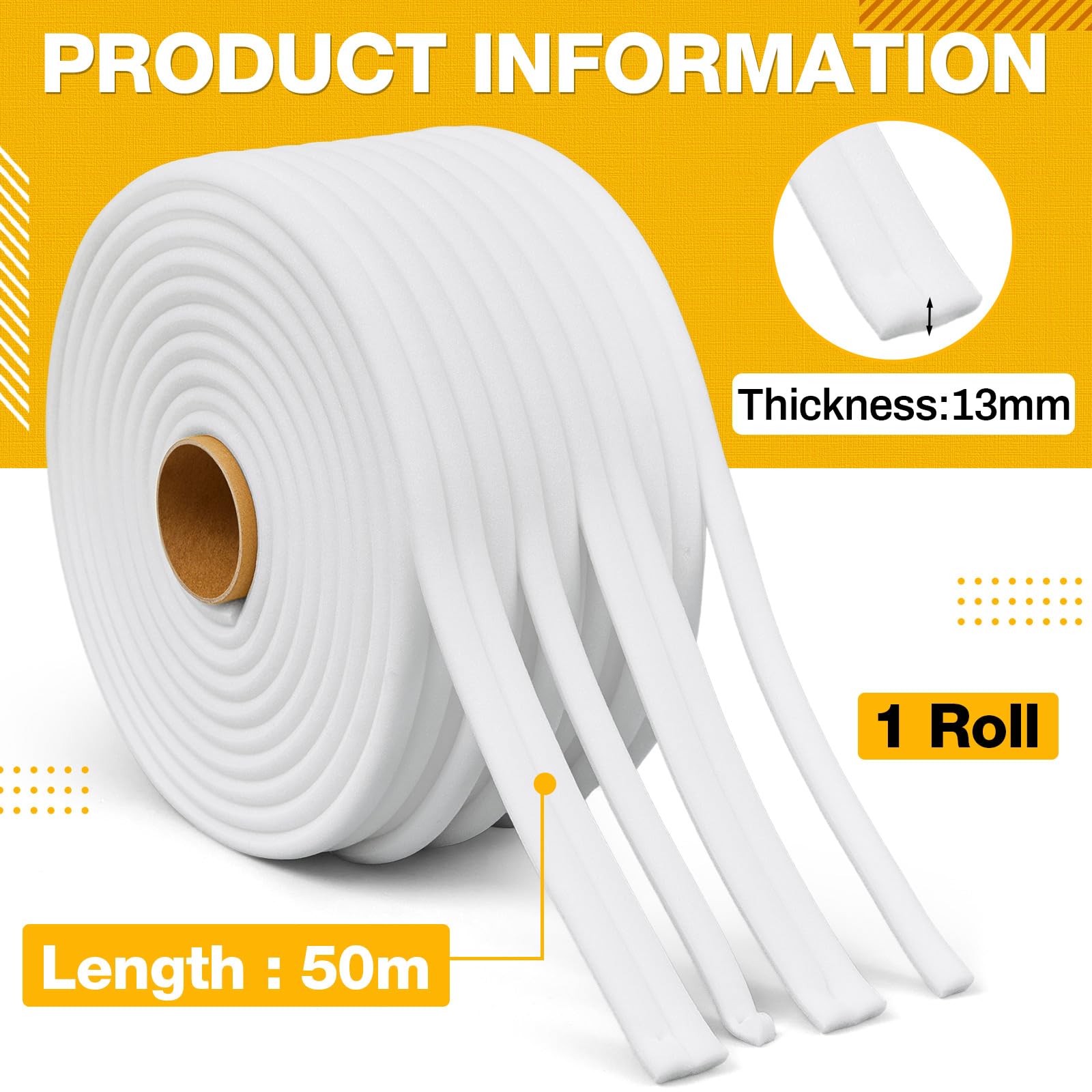 Pangda 1 rouleau de ruban de masquage en mousse à bords souples pour sceller les portières de voiture et de camion - Blanc - 1,27 cm x 50,2 m