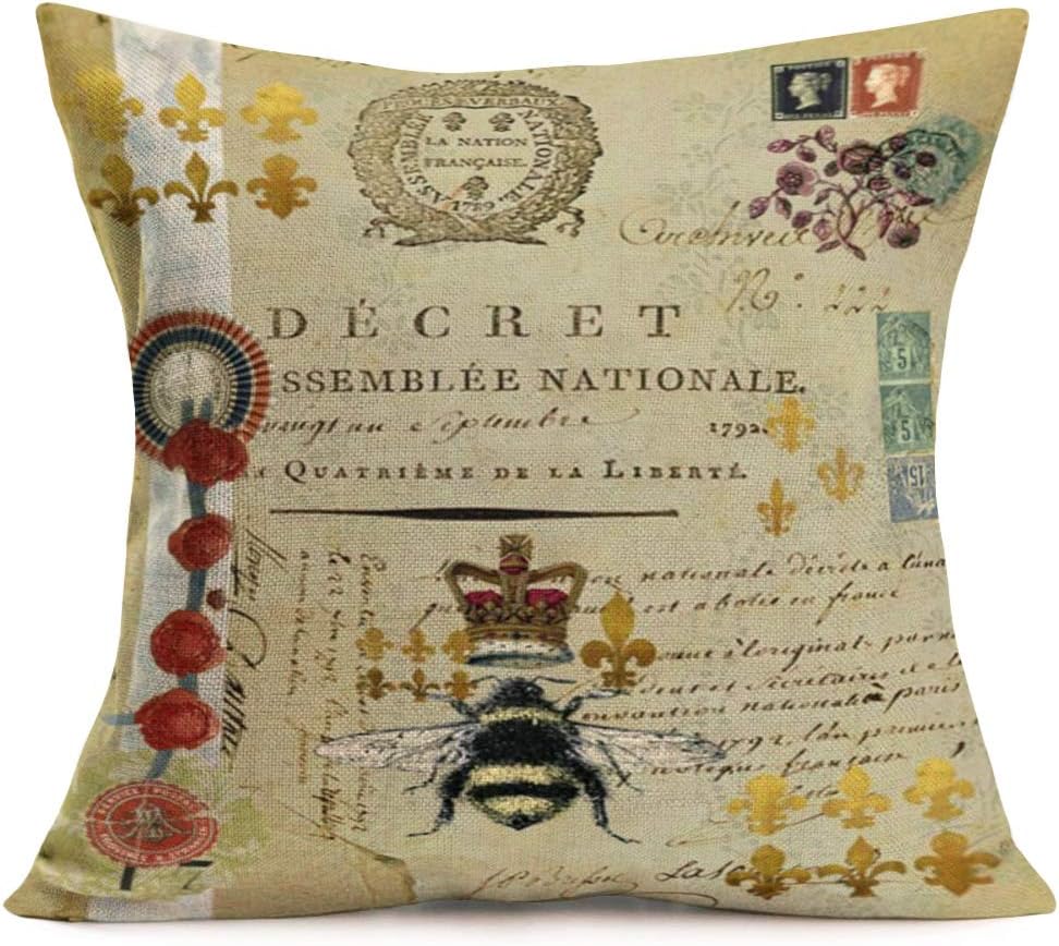 Fukeen Throw Pillow Covers Vintage French Queen Honey Bee with Crown Decorative Pillow Cases Retro Stamp Lettering Background Home Living Room Decor Cotton Linen 18”x18” Cushion Cover Pillowslip