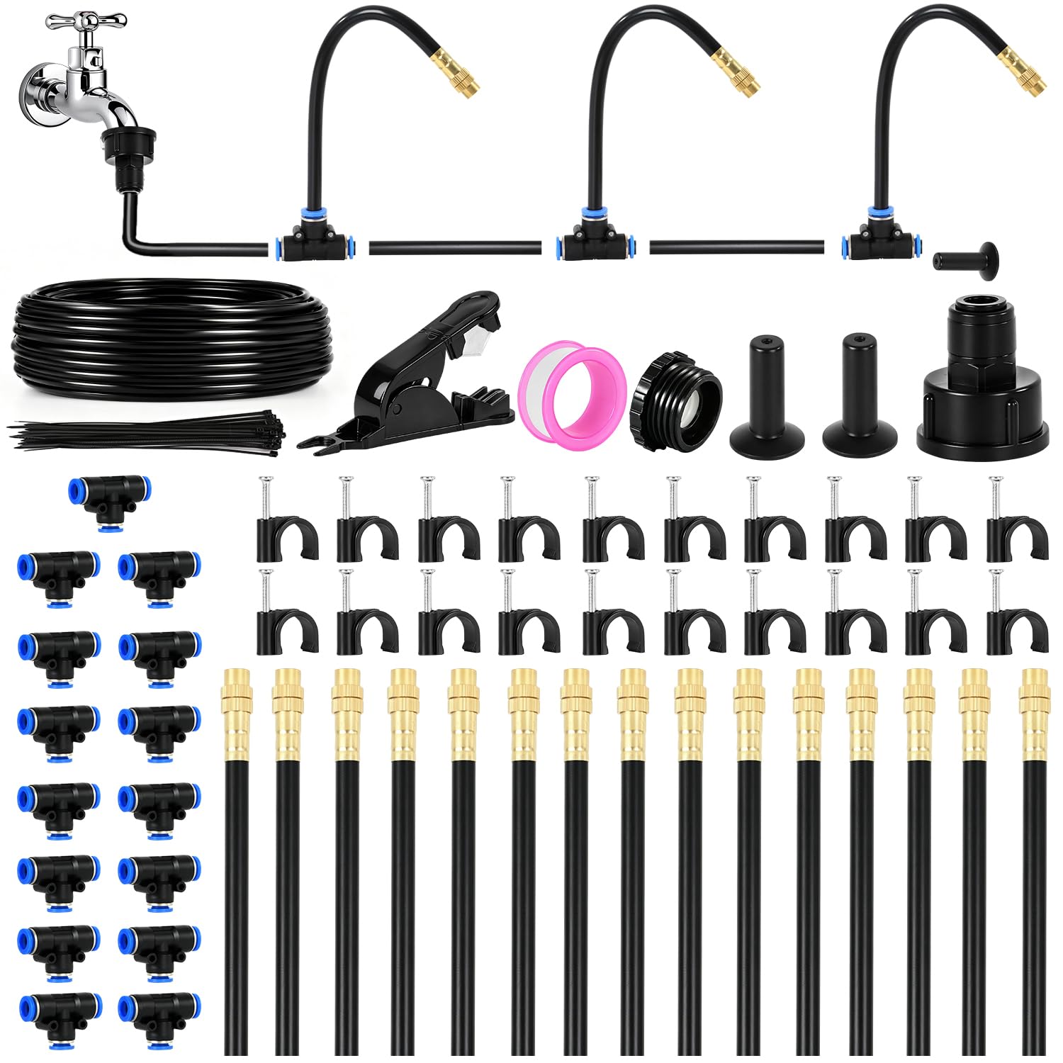 Kit de sistema de riego por goteo ajustable de 360°, sistema de riego de jardín de 50 pies con 15 boquillas de cobre, aspersor automático para patio, jardín, césped, cama elevada, invernadero y