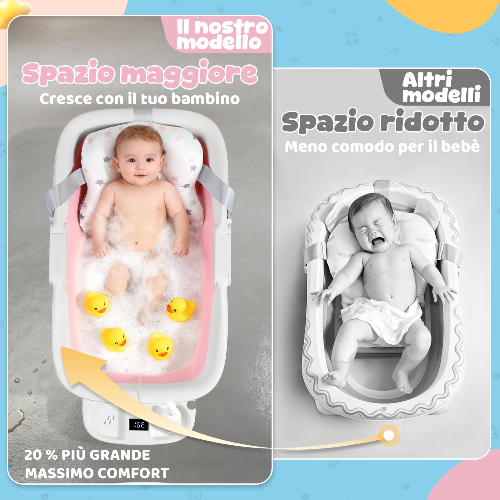 Orzbow Vaschetta Bagnetto Neonato Pieghevole, Grande Portatile Bagnetto Neonato con Termometro, Viaggio Vasca Neonato Bagnetto 0-6 Anni con Cuscino Morbido, Vassoio 3-in-1, Durevole, Foro, Rosa