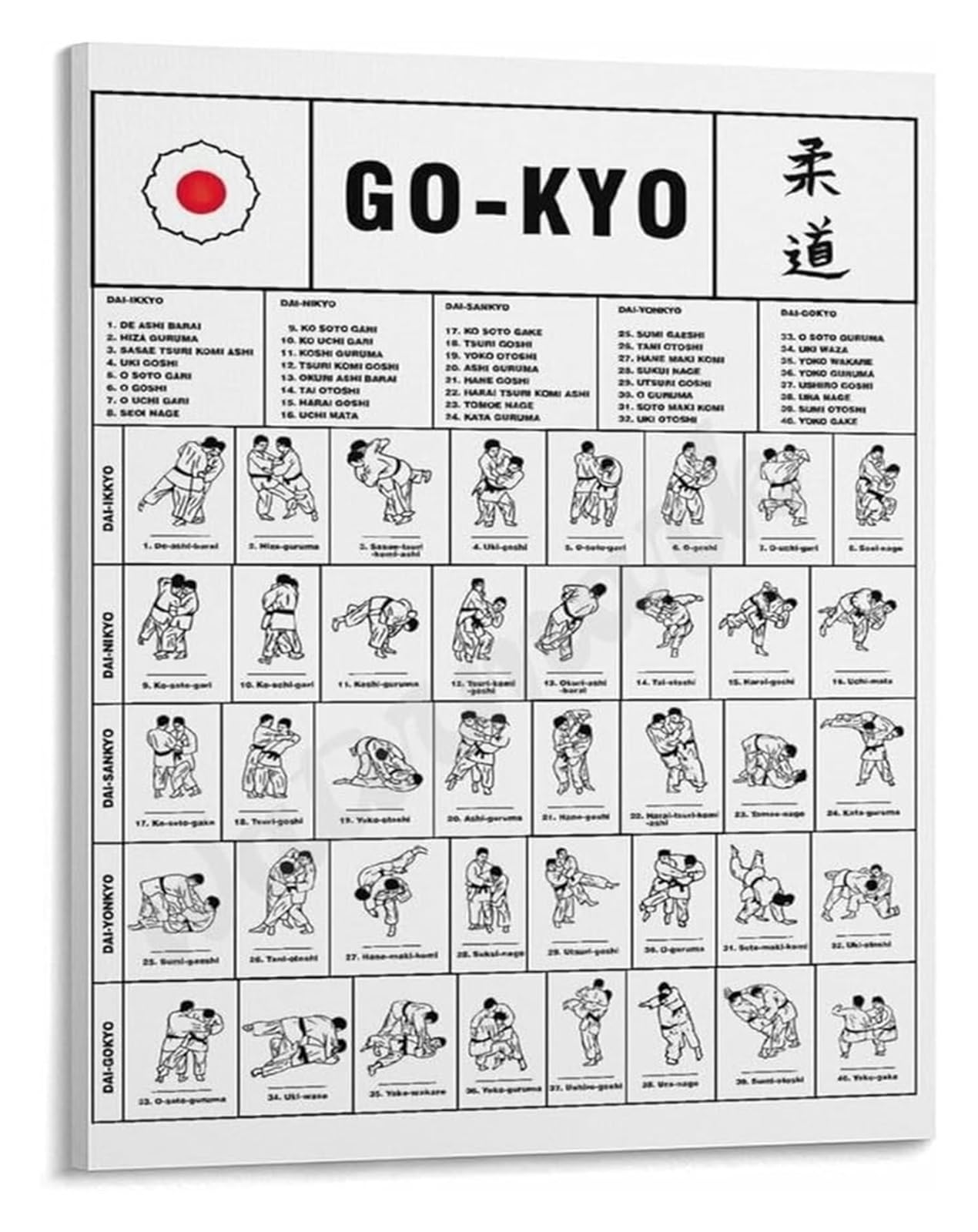 FOPURE Traditional Judo Go-kyo Poster Complete Throwing Techniques Chart Martial Art Training Wall-Art(Unframed,16x24inch(40x60cm))