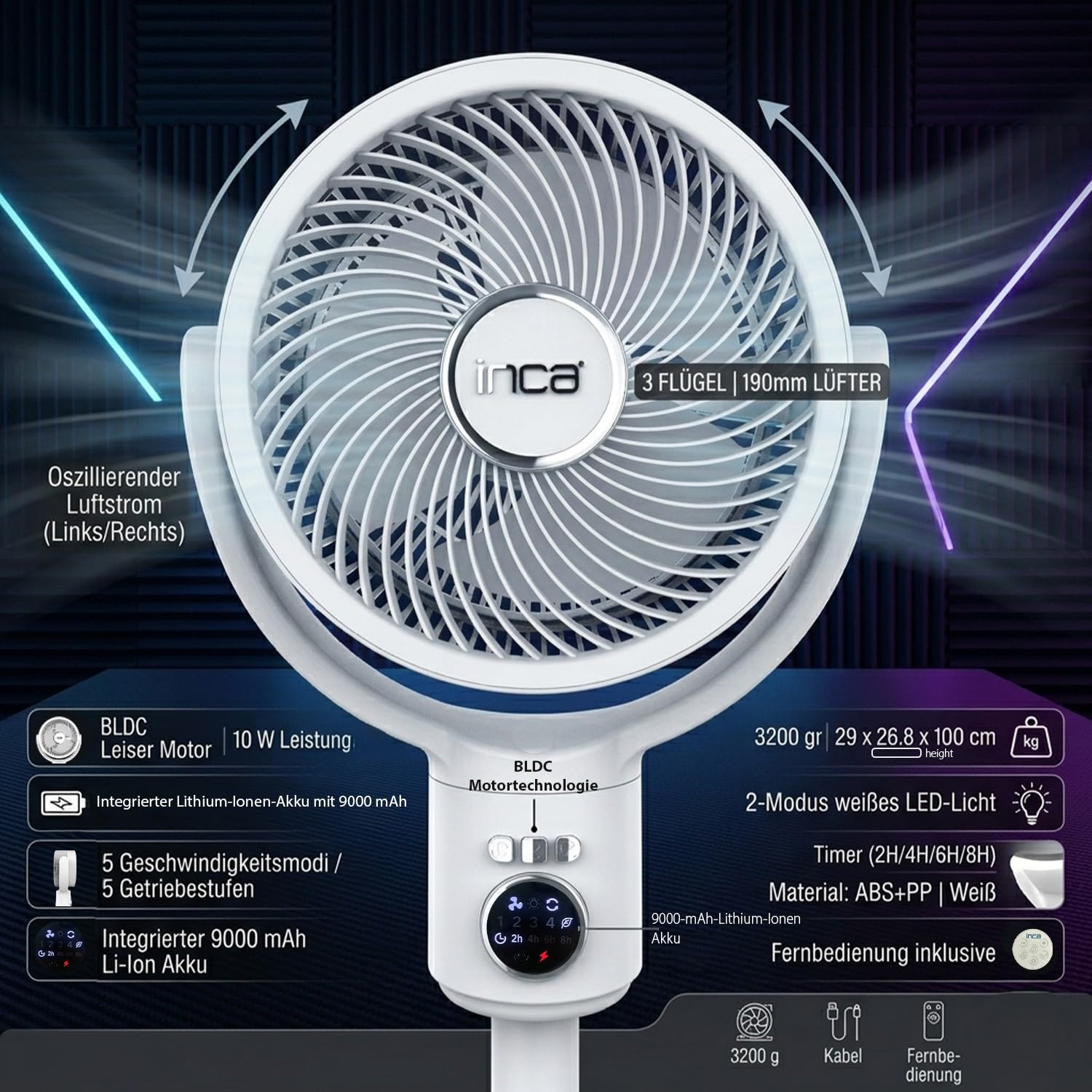 İnca IAF-01B Ventilateur sur pied, batterie 9000 mAh, panneau de commande LED, moteur BLDC silencieux, 5 niveaux, oscillation, hauteur réglable, télécommande, ventilateur mobile pour la maison et le
