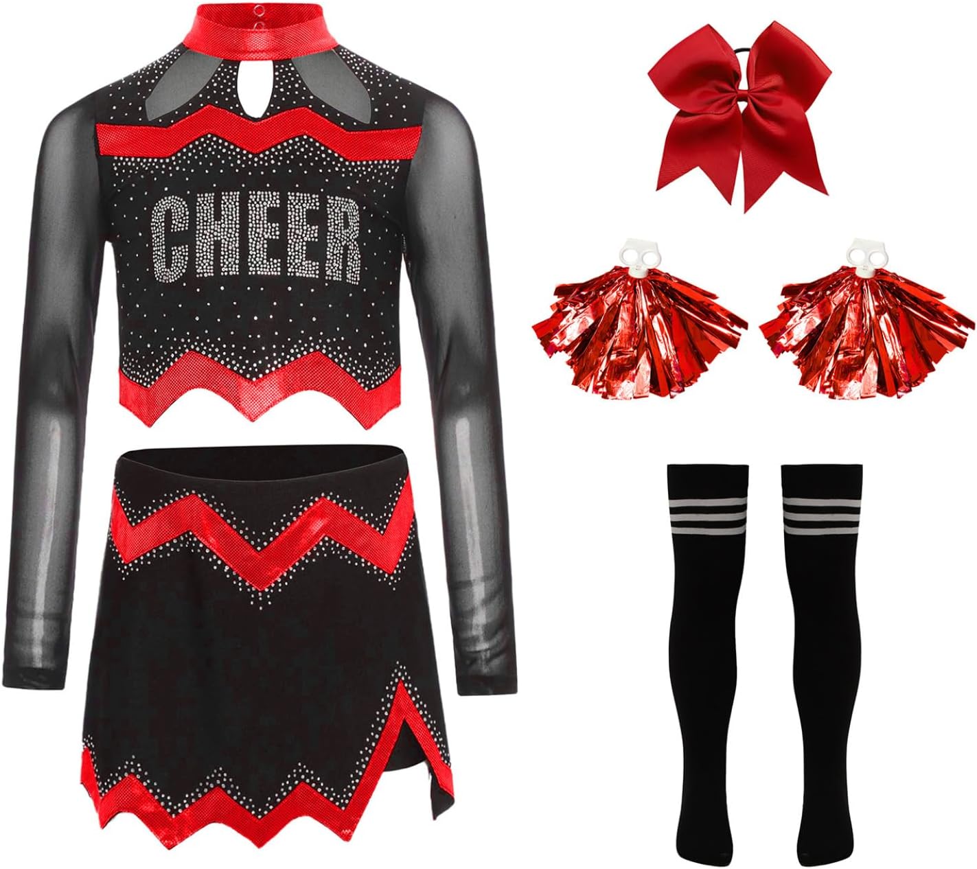 School Cheer Leader Uniform for Girls 5 Piece Set Long Sleeve Crop Top with Pleated Skirt