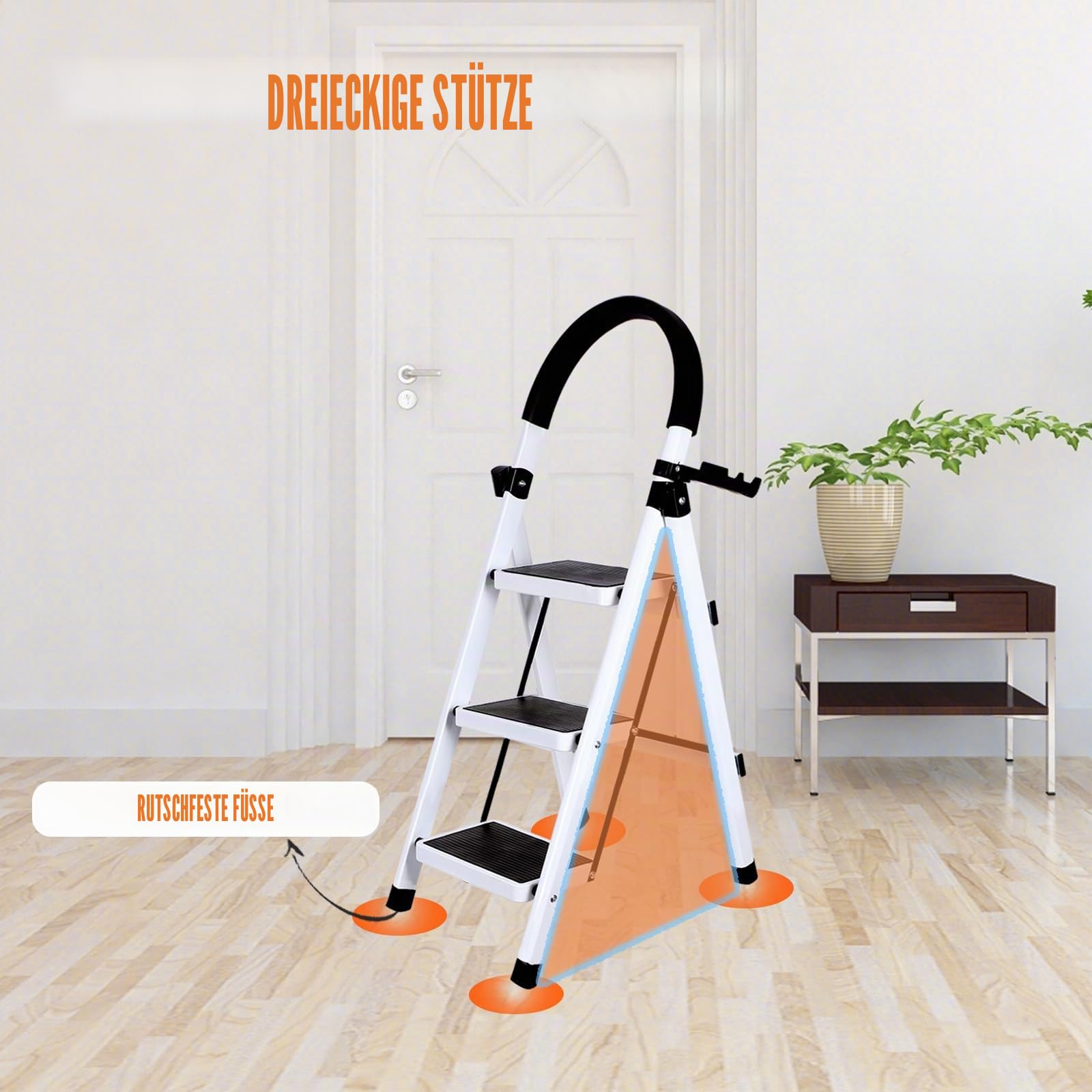 Klappbare Trittleiter, 3 Stufen, mit Werkzeugablage und Handläufen, für Haus, Küche, Speisekammer, Schränke, Büro, Leiter, zusammenklappbar, 3-stufig, für den Innen- und Außenbereich (weiß)