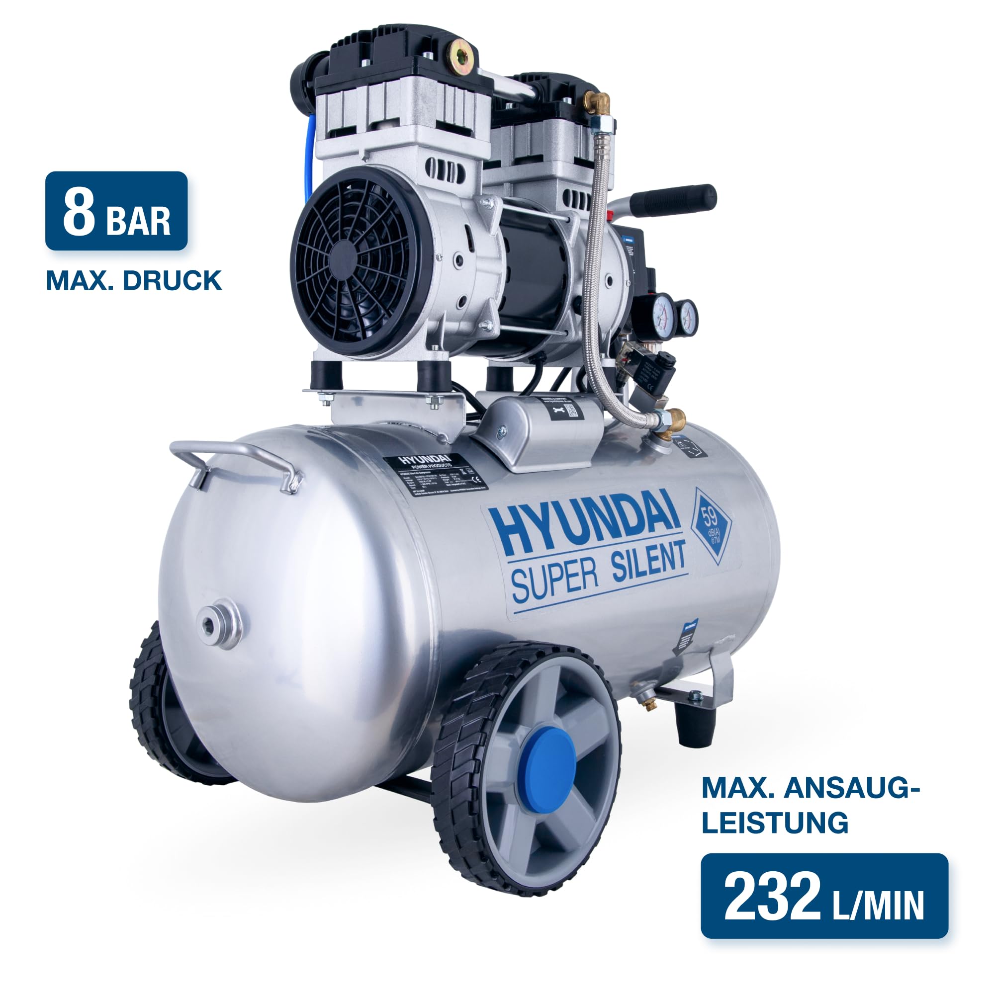HYUNDAI Silent Kompressor SAC55753 | 50L Kessel, 8bar, ölfrei | 1.5kW / 2.0PS | Ansaugleistung 232 L/Min | Öl-Wasserabscheider | 59dB Luftkompressor leise, Flüster-Kompressor