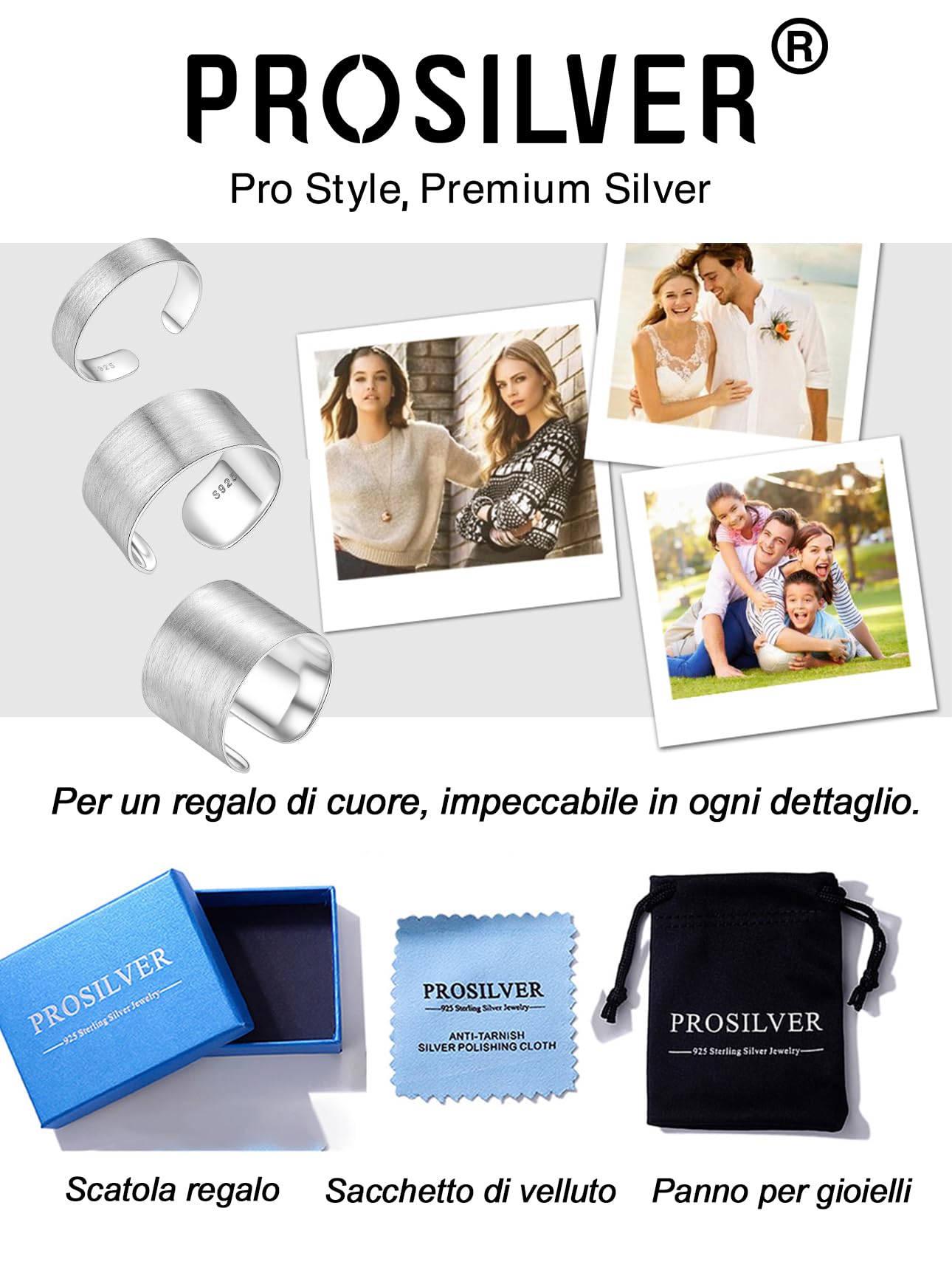 PROSILVER Anello Argento 925, Anello Aperto Personalizzabile per Donna Uomo, Larghezza 5/10/15 mm, Taglia Regolabile da 12-27, Fede Nuziale Fidanzamento Anniversario