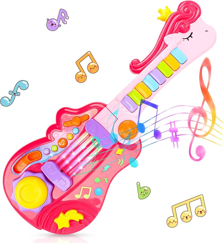 Juguete de guitarra para niños para niñas de 3 años Guitarra eléctrica 2 en 1 con piano | Guitarra rosa para niños pequeños con canciones Stap y Demo, juguetes musicales iluminados para niños de 3, 4 y 5 años, regalos de cumpleaños