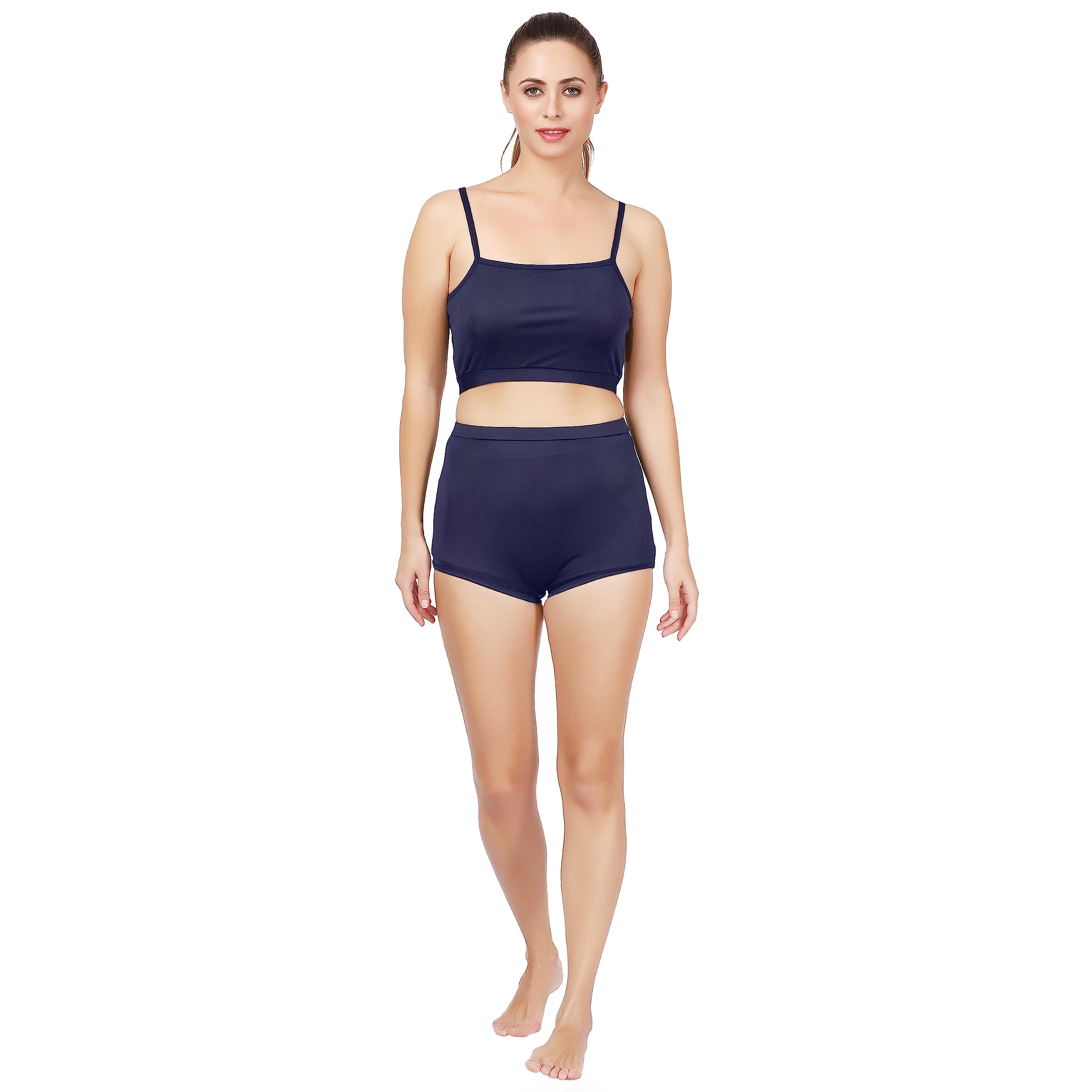 wavemax Two Piece Swim Wear/Swim Suit with Solid Black Colour Padded Crop Top and Black Short for Women and Girls (80% Nylon 20% Spandex) (Comfort Fit)-picture-40
