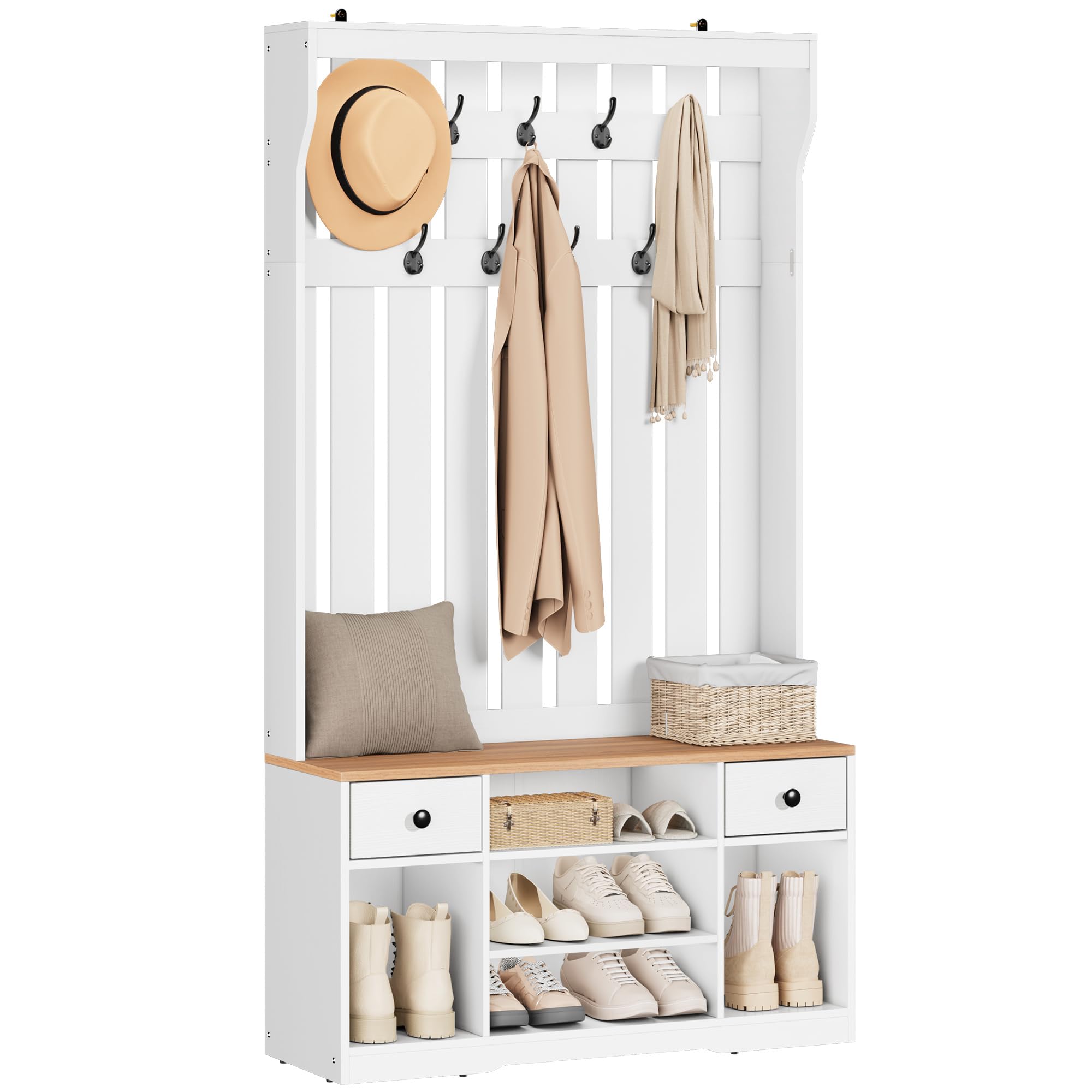 YITAHOME Porte-Manteau avec Banc, Meuble d’Entrée, avec Étagères à Chaussures, Étagères Réglables, 9 Crochets, avec 2 Tiroir en Tissu Amovible, 100 x 35 x 180cm pour Entrée, Couloir, Blanc Grain Bois