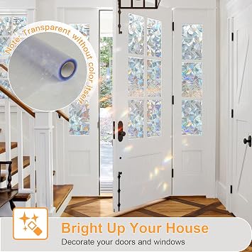 Rainbow Window Privacy Film Decorative, Static Cling Stained Glass Windows Tint for Home, 3D Decals Window Clings for Glass Windows, Suncatcher Cover Stickers (35.4 x 78.7)