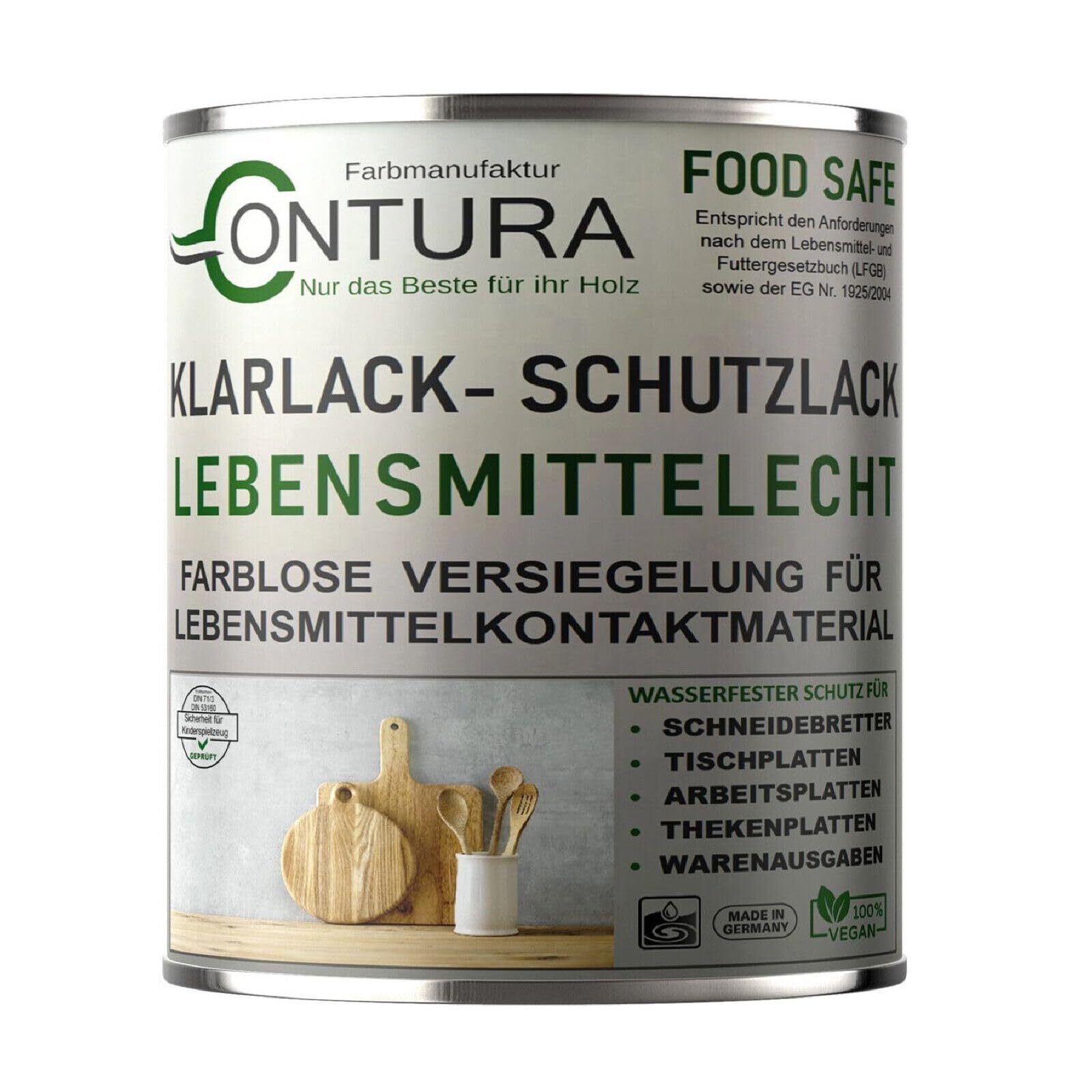 Contura Klarlack lebensmittelecht Hartlack Schneidebrett Tischplatte Holzlack LFGB Lack (Farblos Seidenmatt, 750ml.)