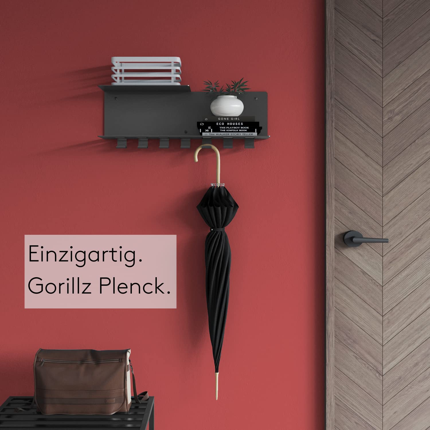 Plenck Garderobenleiste mit Ablage schwarz (70 x 25 x 15,5 cm) I elegante Hakenleiste aus robustem Stahl mit 7 Garderobenhaken I Platzsparende Garderobe in schlichtem Design