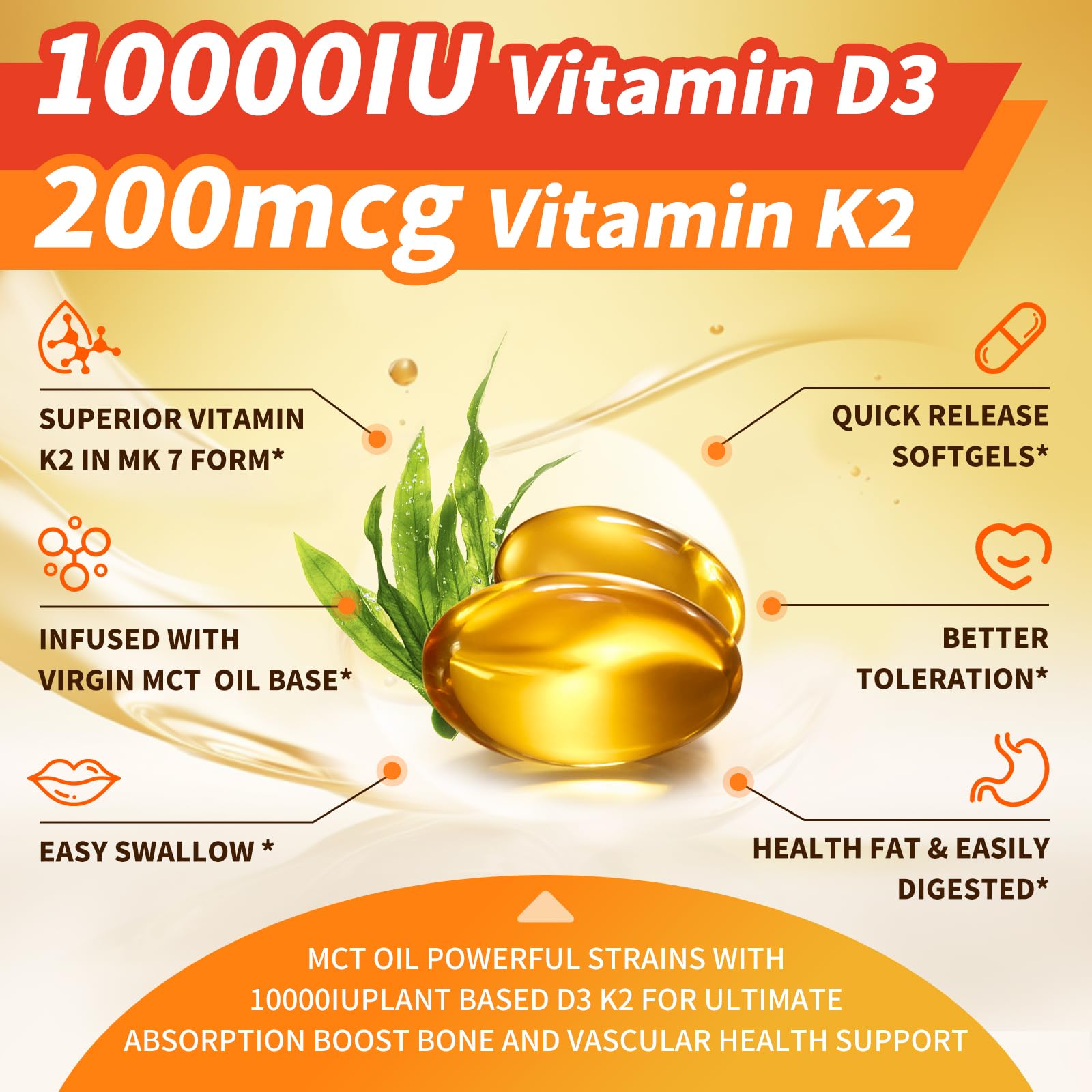 Vitamin D3 K2 10000 IU w/ MK7 for Bone, Immune & Heart Health, 250 Softgels — Amazon image 2