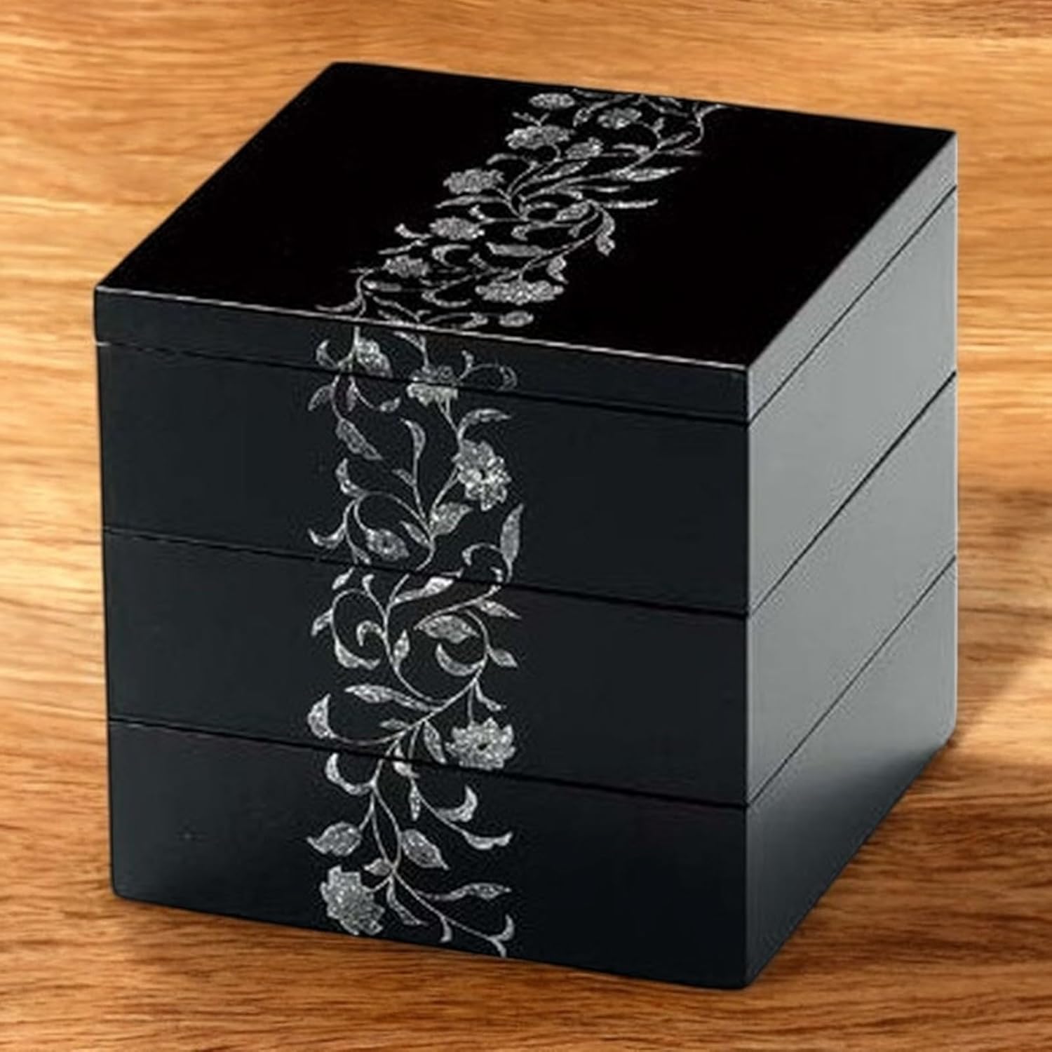 伝統工芸 津軽塗／蓋2枚付き重箱 三段重-唐塗 呂上黒地 茶 赤 ブロンズ