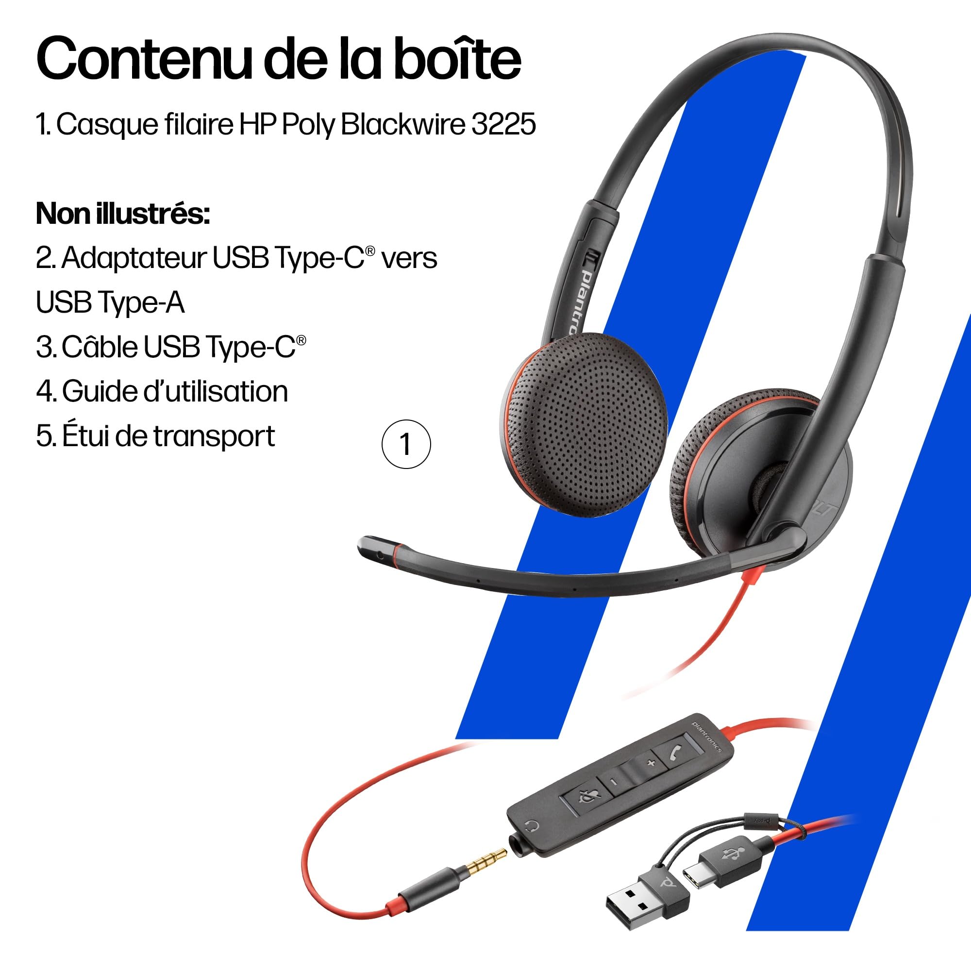 Micro-casque filaire Poly Blackwire 3225 – Microphone antibruit – Conception binaurale – Connexion à un PC/Mac/téléphone portable via USB-C, USB-A ou prise Jack 3,5 mm - Fonctionne avec Teams et Zoom