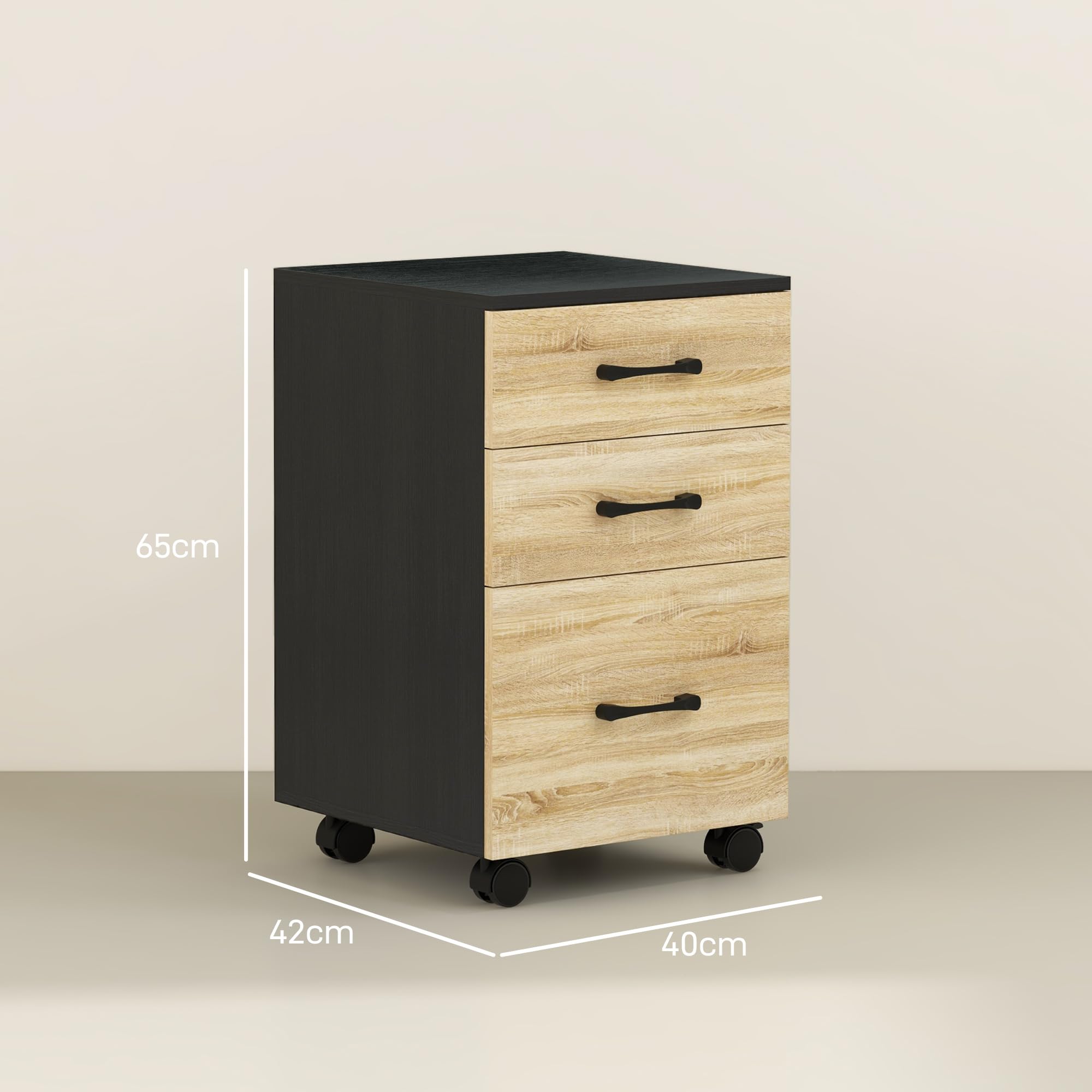 HOMCOM Cajonera de Oficina Mueble Archivador con 3 Cajones para Tamaño A4 Carta 4 Ruedas para Salón Estudio 40x42x65 cm Roble y Negro
