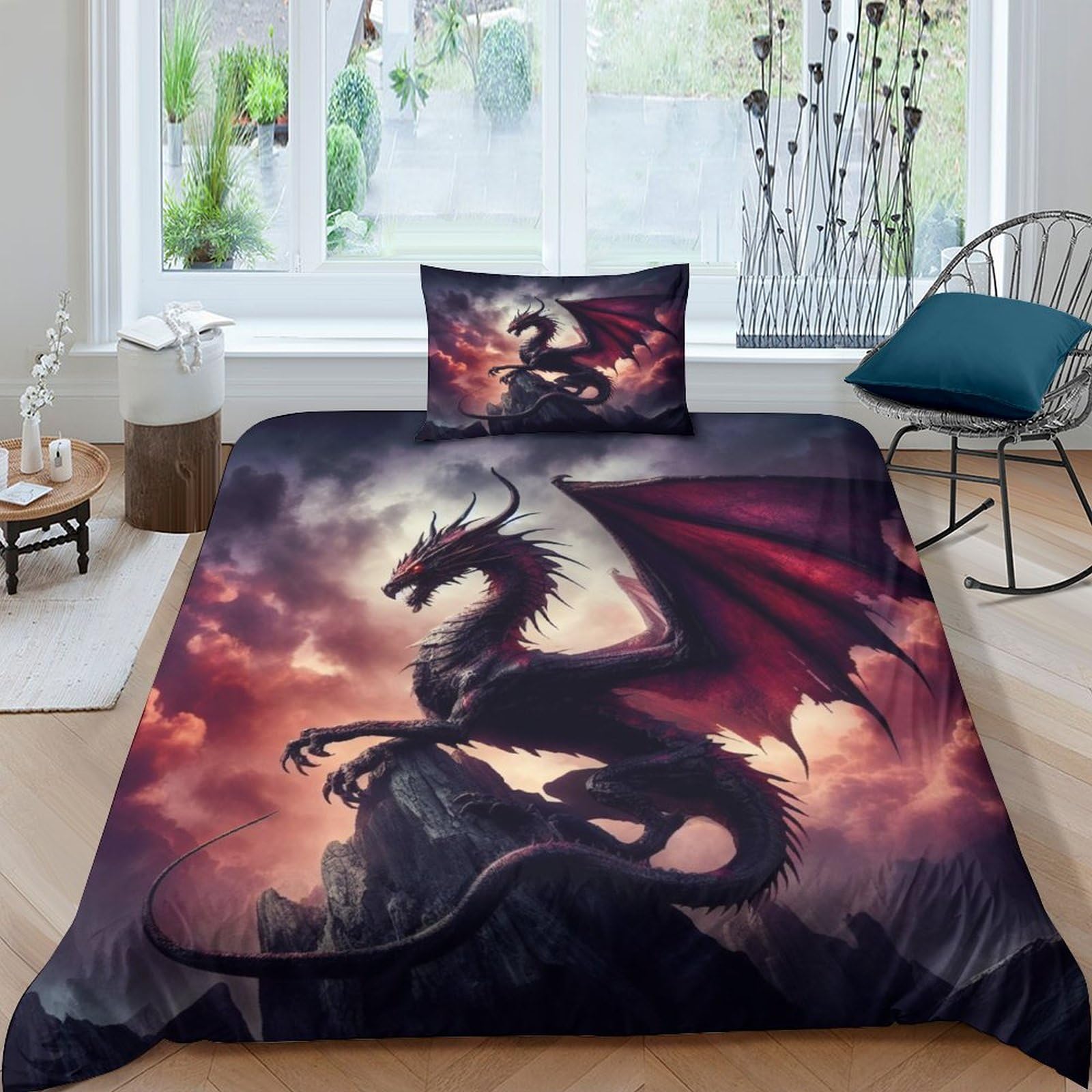 QPIRINMEX Flying Dragon Bedding Set Duvet Cover Soft Microfiber Pillowcase Quilt Cover with 3DPrinted With Zipper Closure ，Cool Animals Design for Kids Teenagers Adult Single（135x200cm）