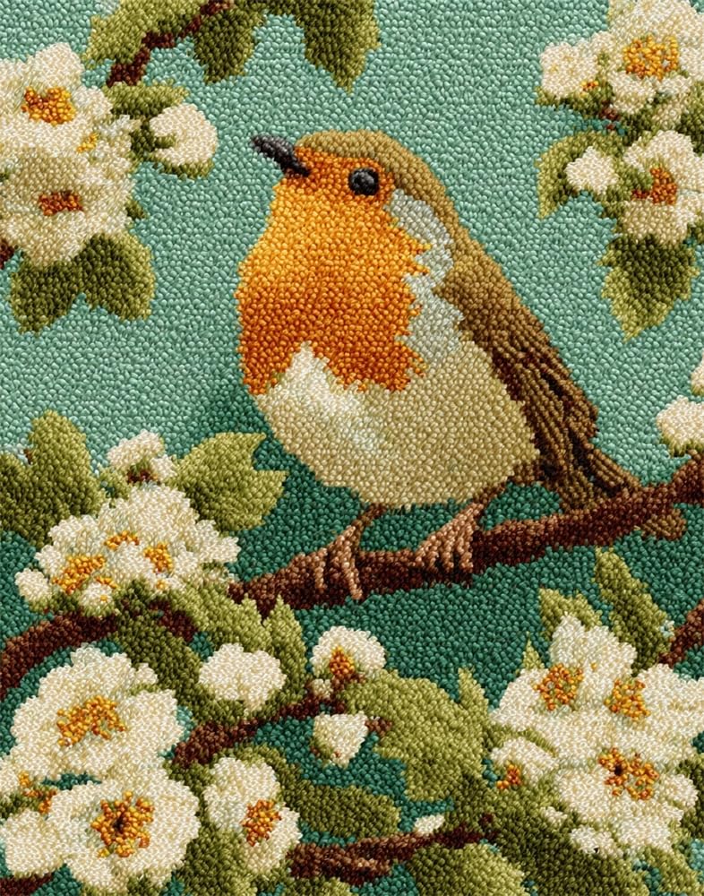 FWRTYCB Latch Hook Rug Kit Robin Christmas Bird White Flower
