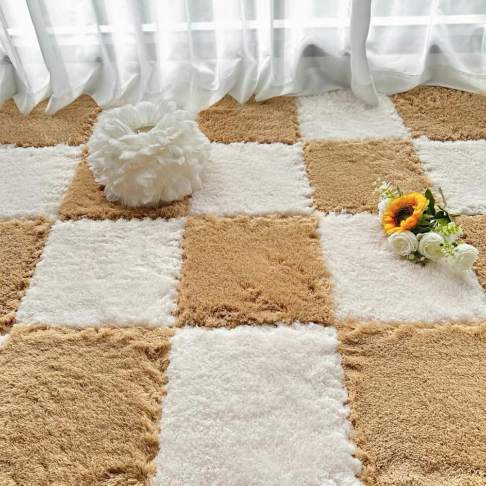 10 Pack Carpet Squares Puzzle Mat 30x30x1cm Plush Interlocking Carpet Tiles,Soft Fluffy Floor Protective Mat Shaggy Area Rug for Bedroom (Khaki White)