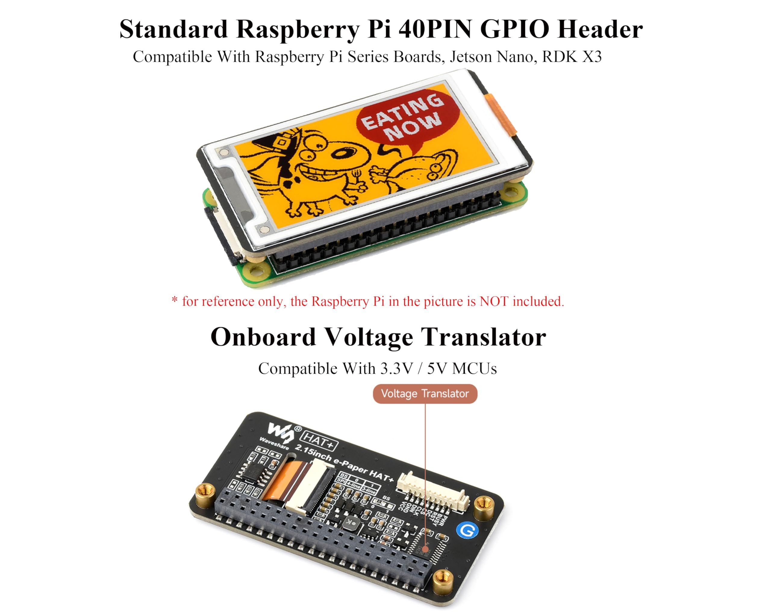 4.26inch E-Paper Display (G), 800 × 480 resolution, Red/Yellow/Black/White, SPI communication Interface, Standard Raspberry Pi 40PIN GPIO header | 4.26inch e-Paper HAT+ (G