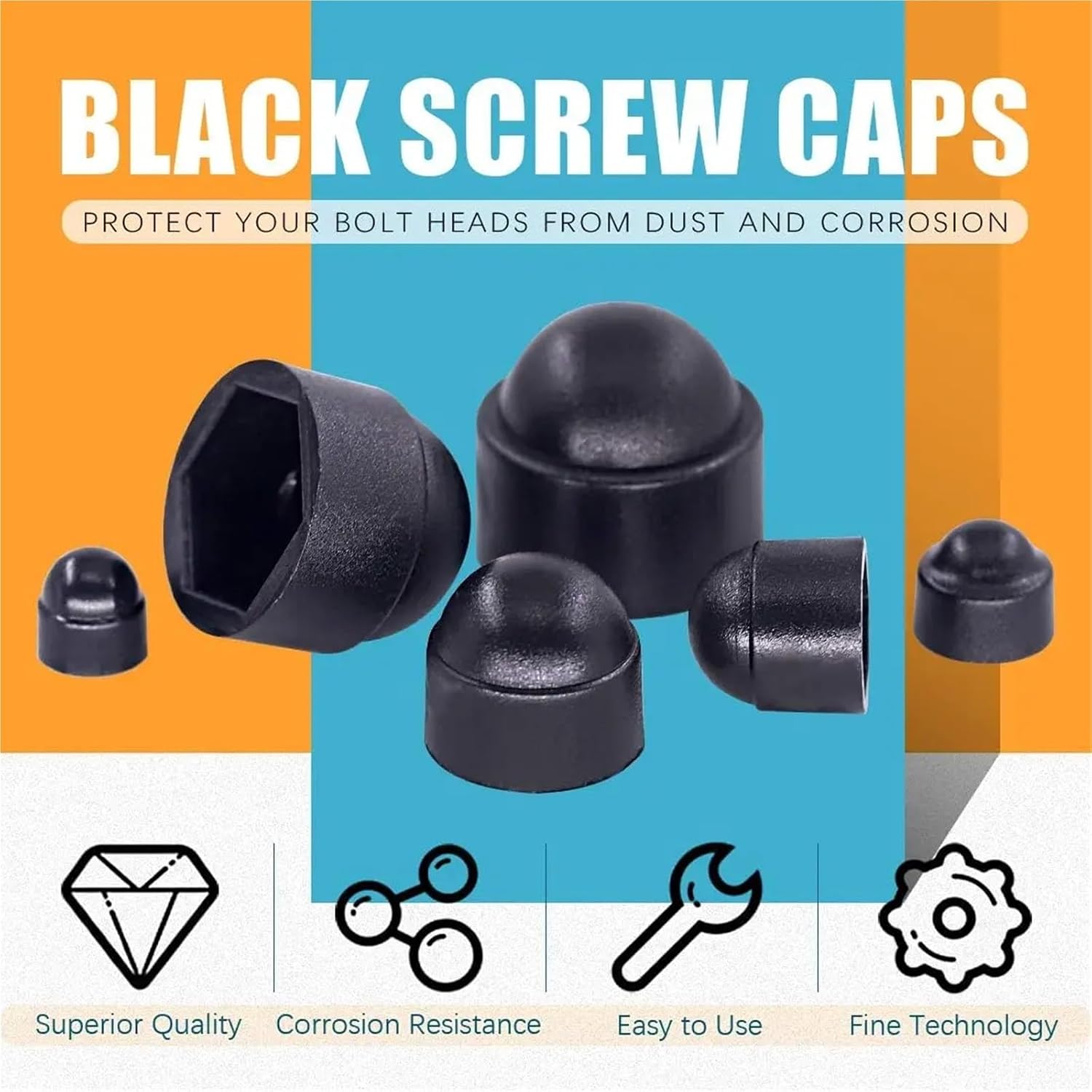 Cap Nuts 320Pcs Bolt Covers Assortment Kit, M4 M5 M6 M8 M10 M12 Nylon Acorn Dome Protection Caps for Protecting Hexagon Shaped Scerw for Smooth Surface Finishing(Black)