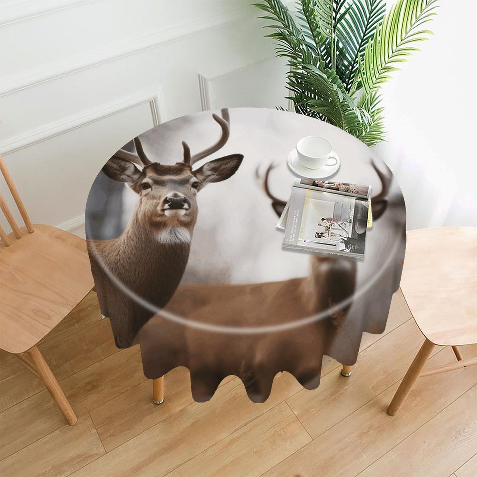 FekiLoot Round Deer Tablecloth Decorative Fabric Table Cloth Wrinkle Free Circle Dining Tablecover Washable Polyester Table Cover for Holiday Dinner Party Decor 60"