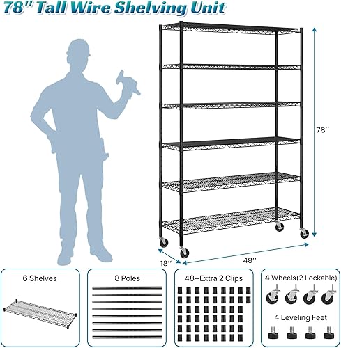 Miniatura 2 de Dkeli Estantería comercial resistente de 6 niveles, estante de alambre de acero con ruedas de capacidad de 6000 libras, estante de almacenamiento