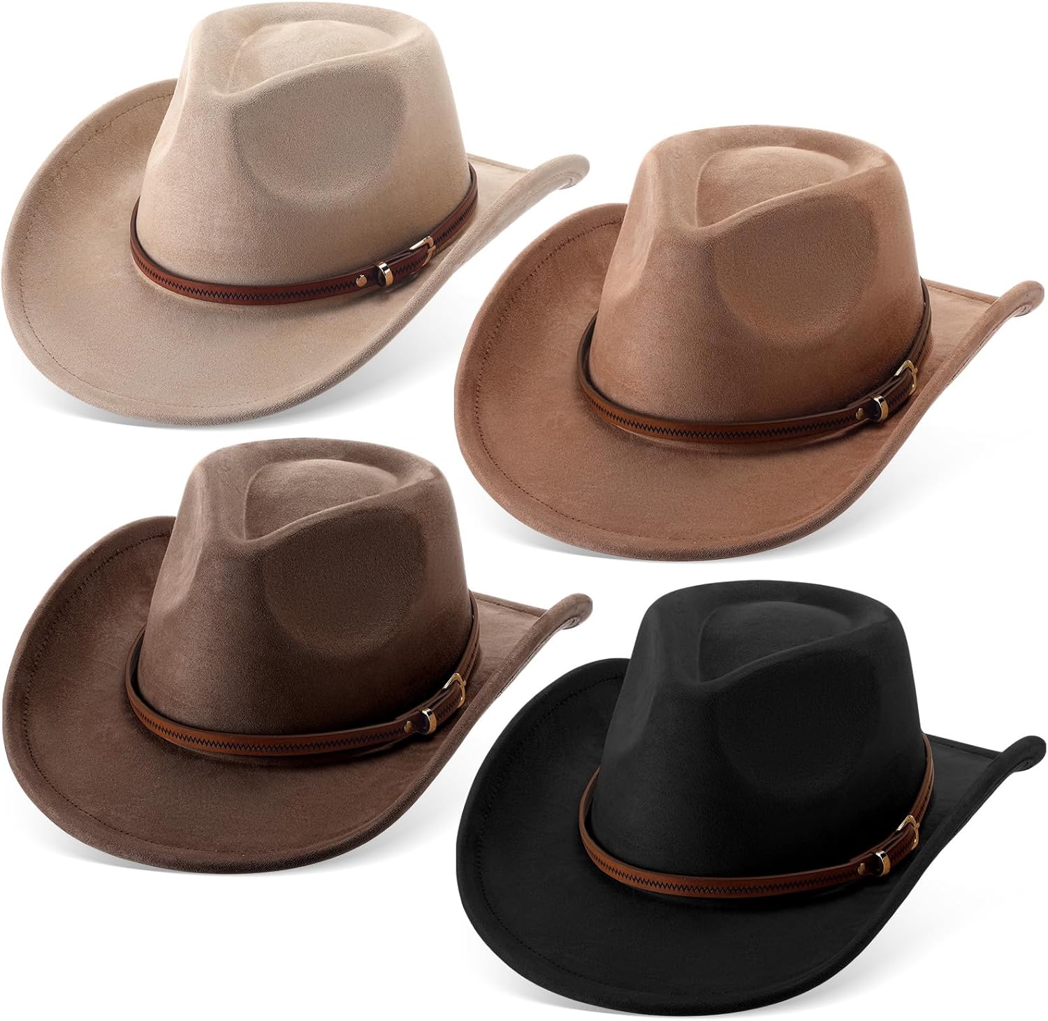 Chicingyou 4 Pcs Classic Western Cowboy Hat for Woman Men Felt Wide Brim Cowgirl Hats Women Belt Buckle Cap for Adults