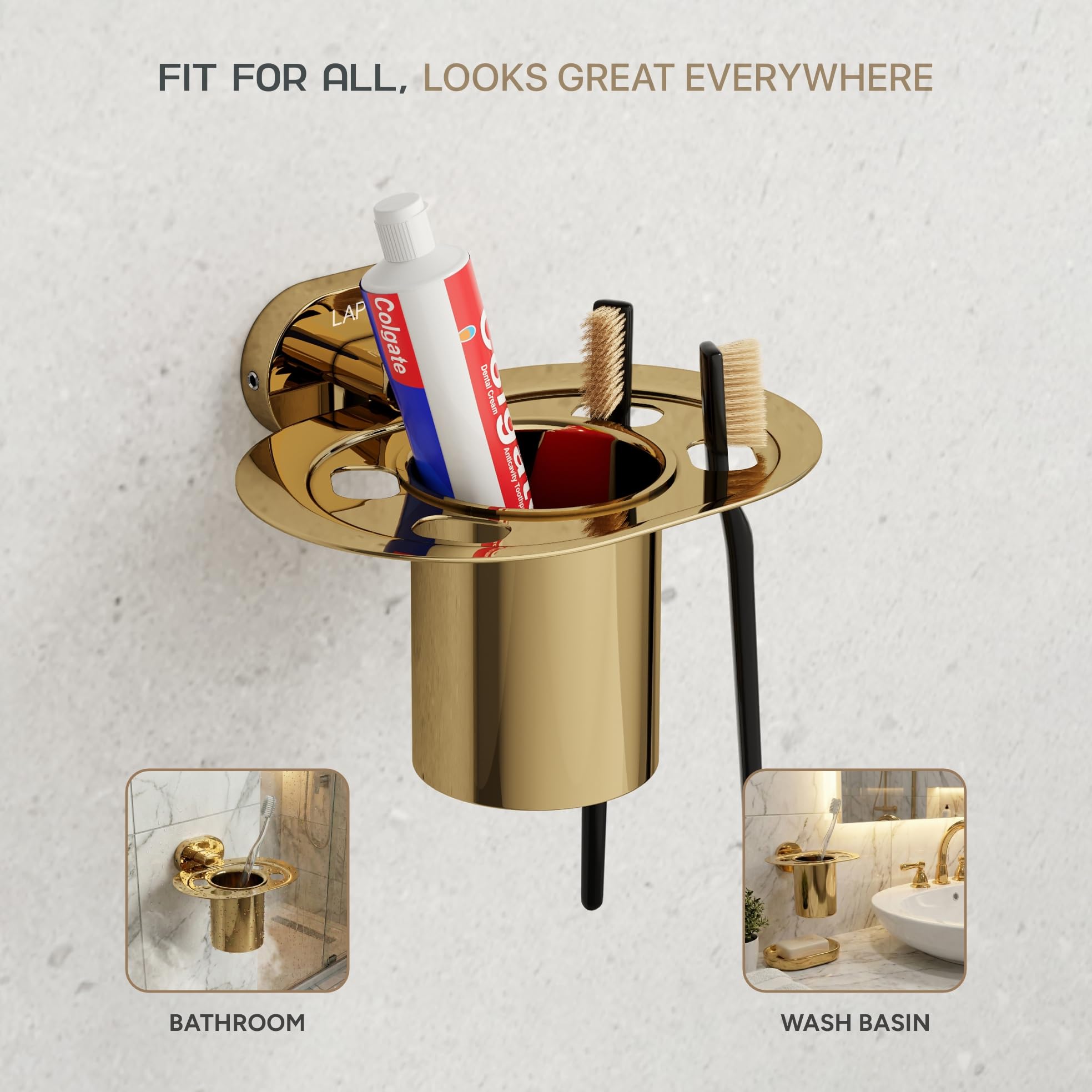 LAPO 304 Stainless Steel Toothbrush Holder for Bathroom, Wall Mount Tumbler Stand with Durable Anti-Rust Body, Strong Wall Mounted Support, 25 Years Warranty (Gold Finish) 4